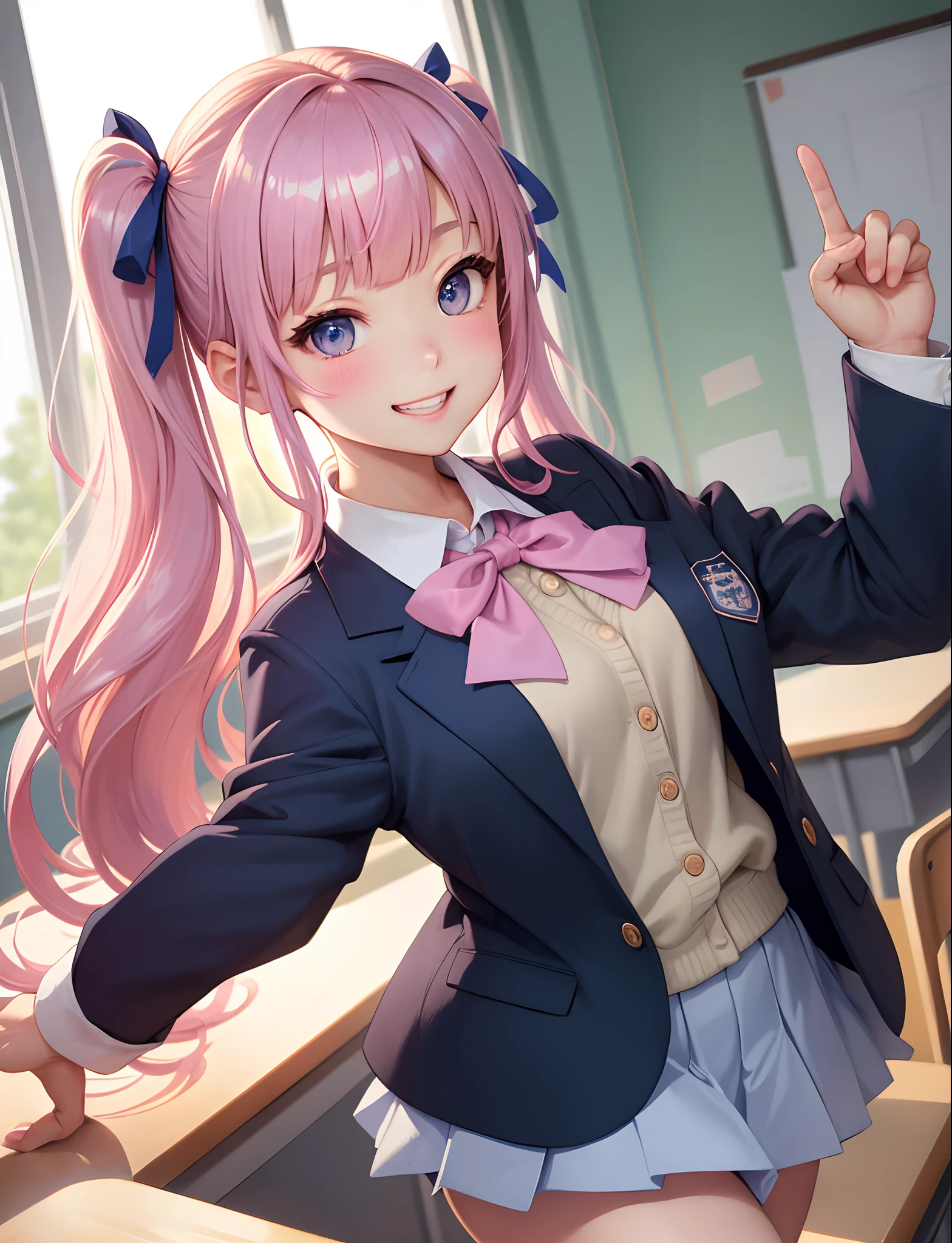 ​masterpiece:1.2、hightquality、top-quality、hight resolution、detaileds、A hyper-realistic、Beautiful high school girl who looks mature、adult-like、High School Uniform、Dark blue blazer、Pink mini skirt、Pink ribbon、long hair with pink twin tails,,、Beautiful blue eyes、High school students、独奏、High School Classroom、tilt of the head、birdie、rainbows、brilliance、portlate、Lovely smile、Woman showing teeth、(A detailed face)、((foco nítido))、((faces))、The upper part of the body_Body