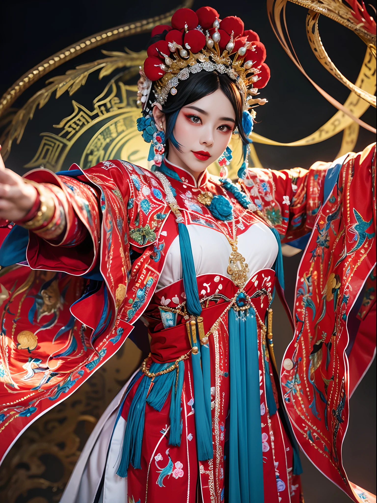 8K，RAW photos，best qualtiy，tmasterpiece，realisticlying，photograph realistic，ultra - detailed，（On stage，A Peking Opera actor stands on a red stage painted with a golden dragon motif。His face was solemn，The facial features are clearly defined。His slender eyes flashed with confidence and determination，Like two bright stars。His brow furrowed，Reveal the tension of the depths of the plot。The costumes of the actors are also very gorgeous。He wore a red dress decorated with gold thread，The wide cuffs fluttered with his movements，It creates a majestic atmosphere。He wears a crown of golden armor，It is decorated with colorful gemstones，Shining with a shimmer。A blue phoenix-patterned shawl was draped over his shoulders，Mighty and gorgeous。The actor's face makeup is superb。He has a white base，Use a delicate brush to outline rich black brows and deep eyeliner，Set off his sharp gaze。His cheeks were painted bright red，Symbolizes enthusiasm and energy。Exaggerated red lipstick is applied to the lips，Make his smile dramatic。The actors' movements are precise and elegant。He uses the body language and gestures unique to the stage to express the emotions and story development of the characters。He took a strong and steady step，Every movement of the body is filled with strength and grace。His fingers flexed flexibly，Gently brush the sleeve from time to time，Sometimes stiffly pointing into the distance，Perfect for music and melodies。），The upper part of the body， portraitures，nipple tassels