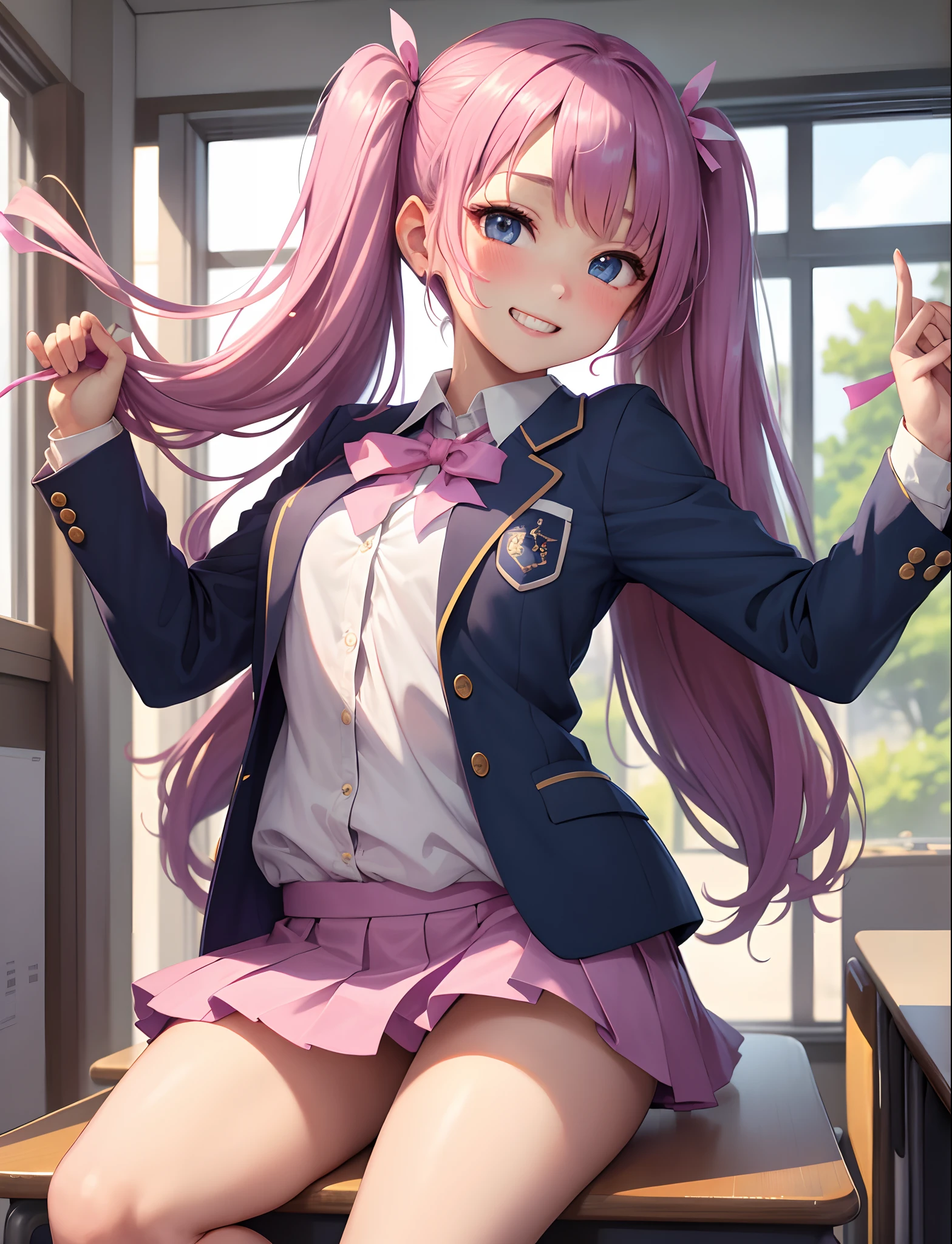 masterpiece:1.2、hightquality、top-quality、hight resolution、detaileds、A hyper-realistic、Beautiful high school girl who looks mature、adult-like、High School Uniform、Dark blue blazer、Pink mini skirt、Pink ribbon、long hair with pink twin tails,,、Beautiful blue eyes、High school students、独奏、High School Classroom、tilt of the head、birdie、rainbows、brilliance、portlate、Lovely smile、Woman showing teeth、(A detailed face)、((foco nítido))、((faces))、The upper part of the body_Body