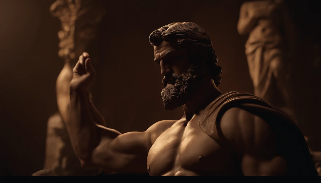 Stock Gricki Stoic
which is the Greek historical status with
Hercules profile muscles
Cinematic 8k and dark background