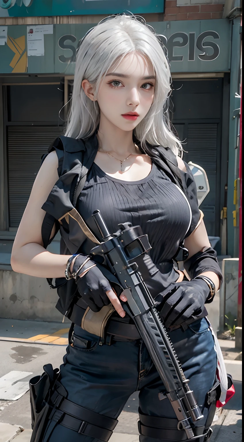 Photorealistic, high resolution, 1womanl, Solo, Hips up, view the viewer, (Detailed face), White hair, SWAT vests, Gun, jewelry