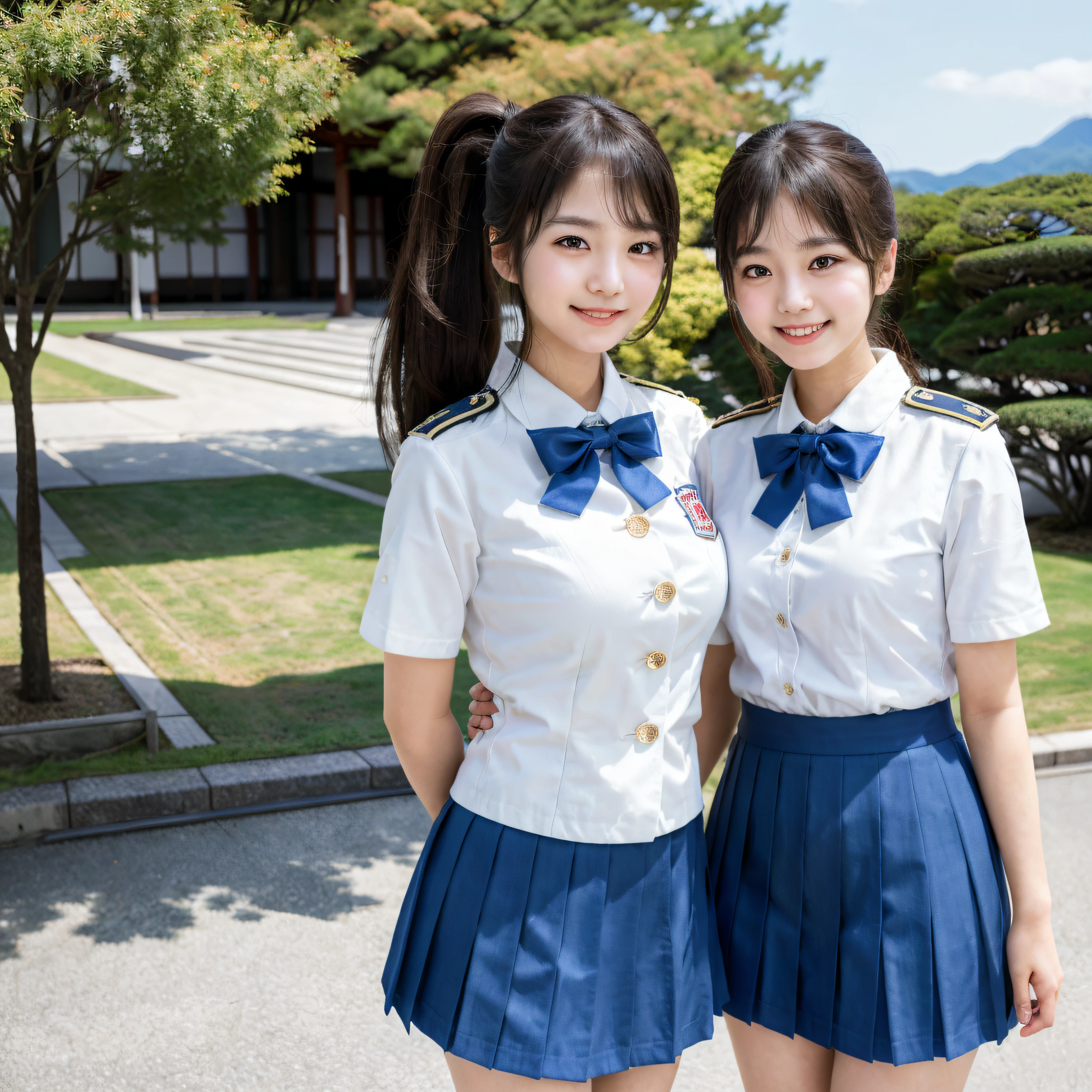waving, slender legs, ponytail, unparalleled beauty, cute face, best smile, cute smile, frontal, slender, straight hair, school, ulzzang-6500-v1.1, (raw photo: 1.2), (photorealistic: 1.4), beautiful detailed girl, very detailed eyes and face, beautiful detailed eyes, huge file size, high resolution, very detailed, best quality, masterpiece, (( Japan Girls' High School Uniform)), very detailed, CG, 8k wallpaper, fantastic, fine detail, top quality, highly detailed CG uniform, light on face, movie lighting, 16 year old girl,