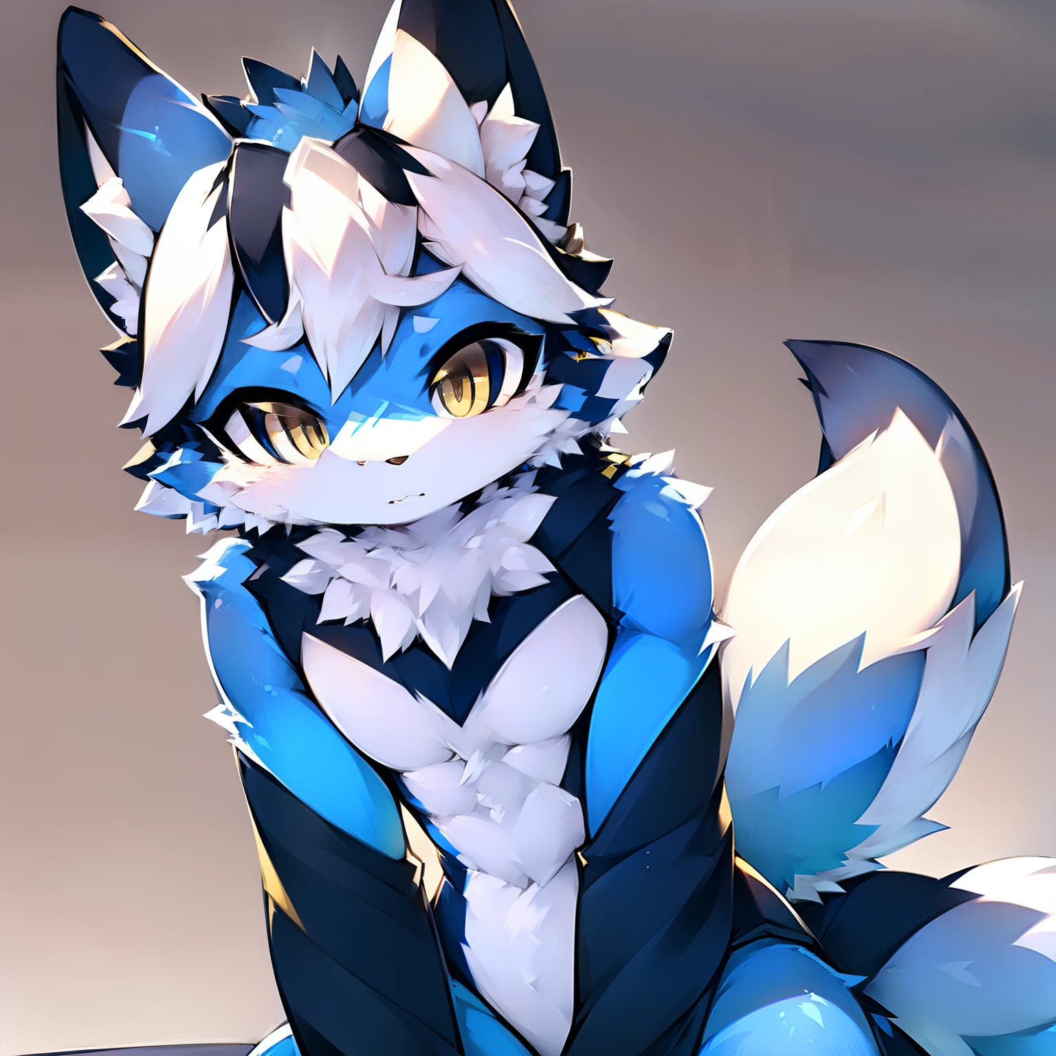 Blue furry whole body，Tail of a fish，yellow eyes，White hair，Yellow meat pad，Furry，There are two yellow and white gradient corners on the top of the head，The background is in the corner of the city