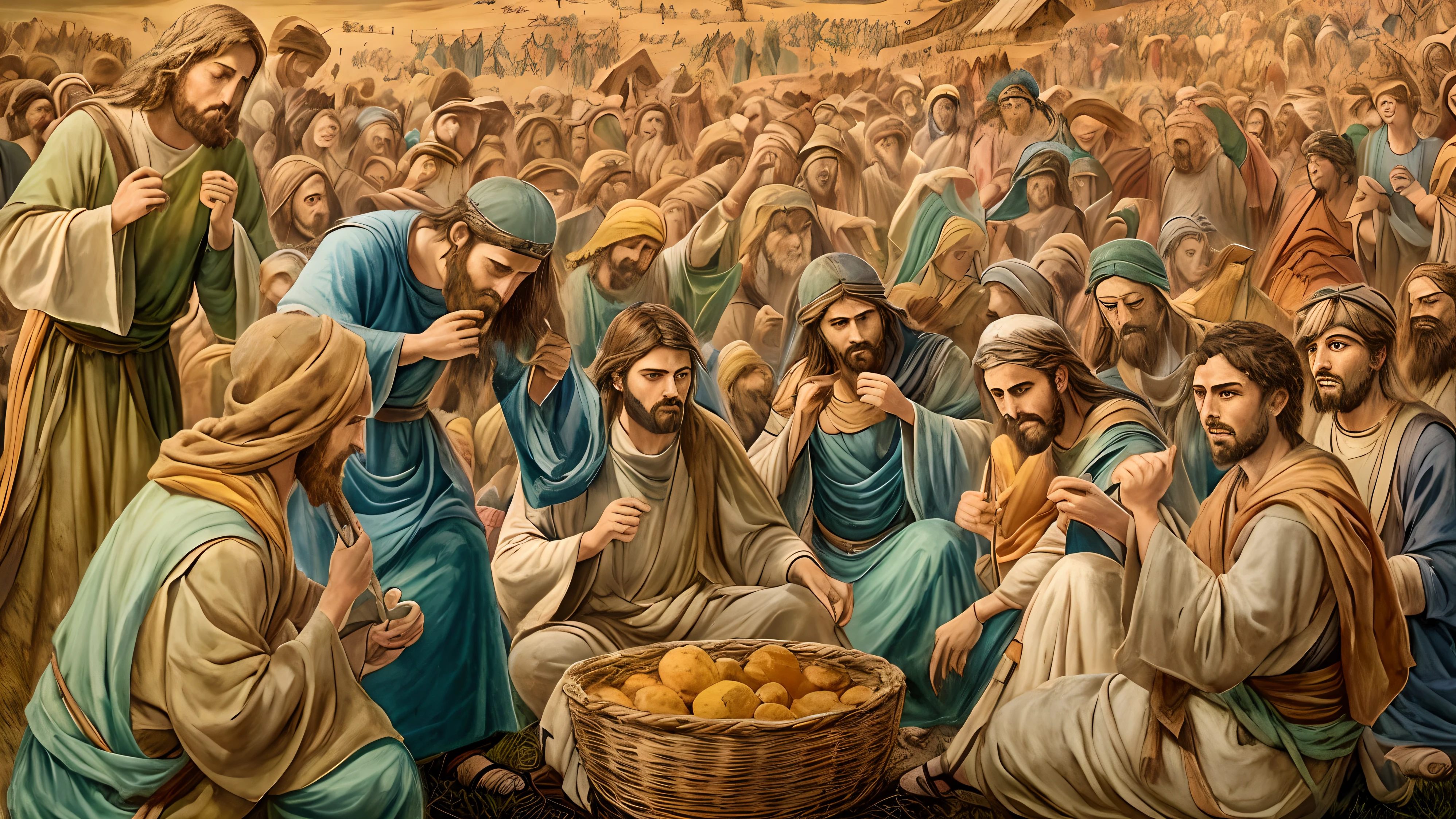 Imagem de um grupo de pessoas sentadas em um campo, bible illustration, biblical art style, biblical painting, jesus wasted at a party, biblical art, epic biblical representation, todo mundo se divertindo, Directed by: Laszlo Balogh, Directed by: Stefan Luchian, Directed by: Zoltán Nuridsány