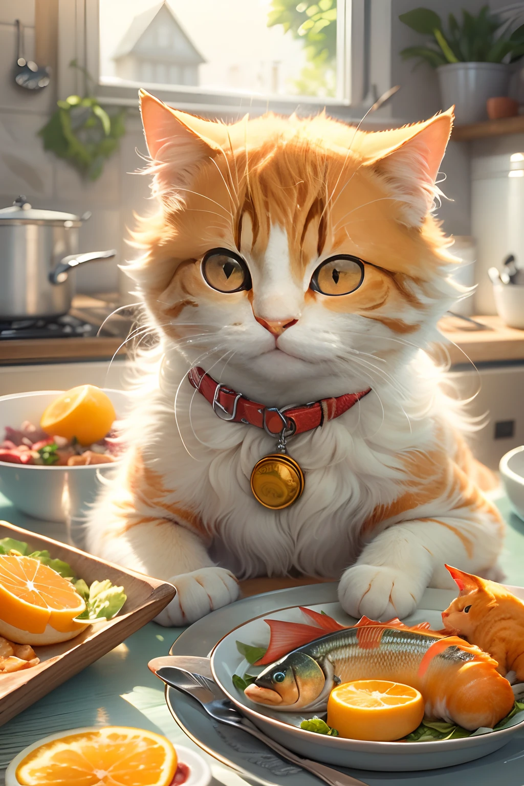 Orange cat, On the kitchen table, There is fish on the plate, and the sun was shining brightly, the detail, k hd,