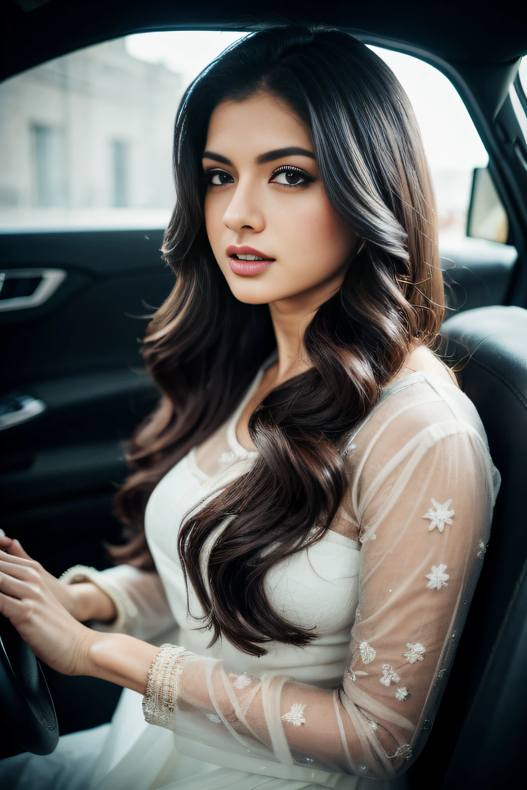 Portrait of A confident-looking indian woman, royal princess with long flowing hair, hazel eyes, wearing saaree,  sitting in her car, twilight time, camp fire framing, bokeh, perfect composition, hyperrealistic, super detailed, 8k, high quality, trending art, trending on artstation, sharp focus, photo , intricate details, highly detailed, art by greg rutkowski