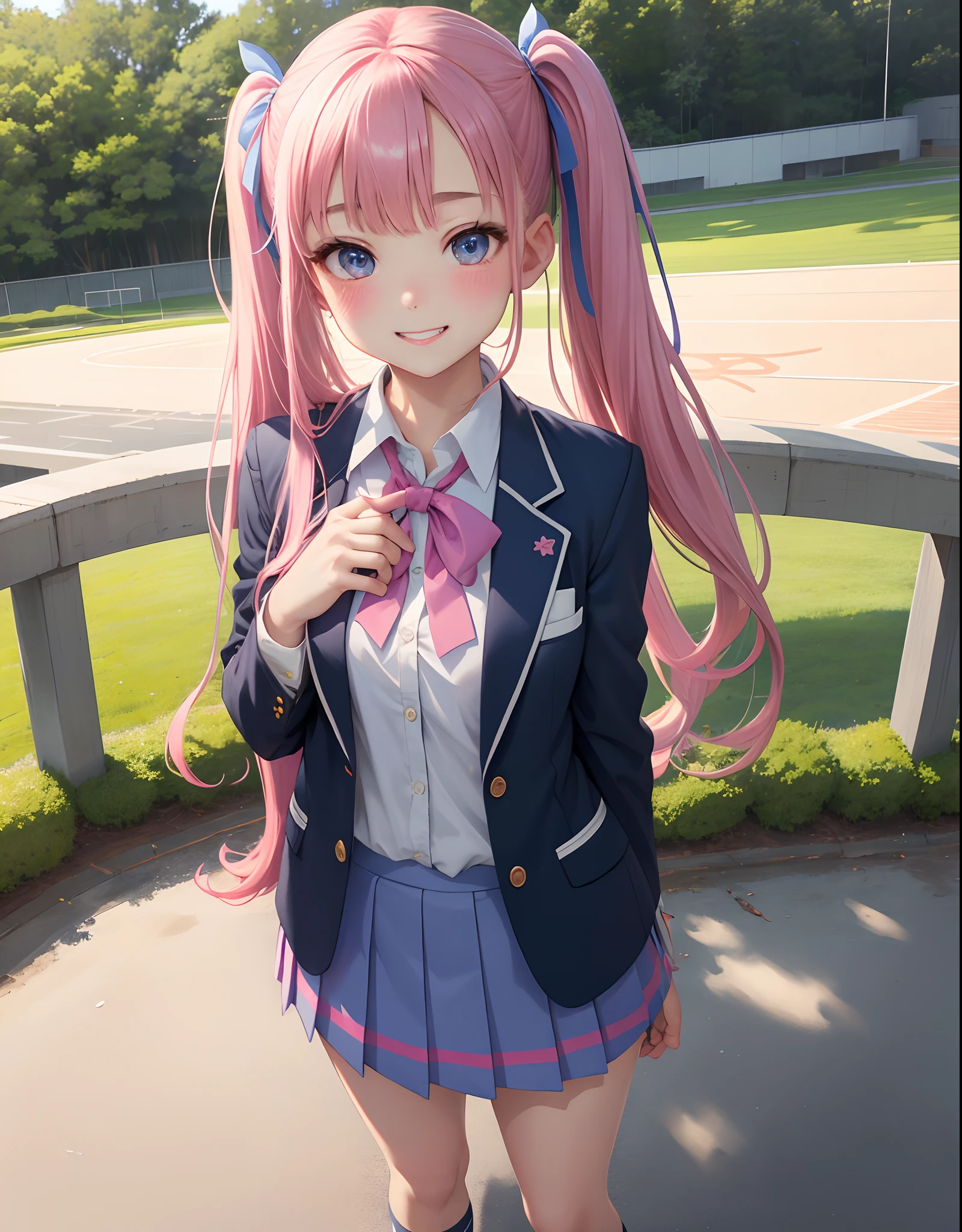 ​masterpiece:1.2、hightquality、top-quality、hight resolution、detaileds、A hyper-realistic、Beautiful schoolgirl looking mature、adult-like、High School Uniform、Dark blue blazer、Pink mini skirt、Pink ribbon、long hair with pink twin tails,,,,、Beautiful blue eyes、High school students、独奏、High school grounds、Turf Ground、Feeling standing、gazing at viewer、full body Esbian、birdie、rainbows、brilliance、portlate、Lovely smile、Woman showing teeth、(A detailed face)、((foco nítido))、((faces))、The upper part of the body_Body