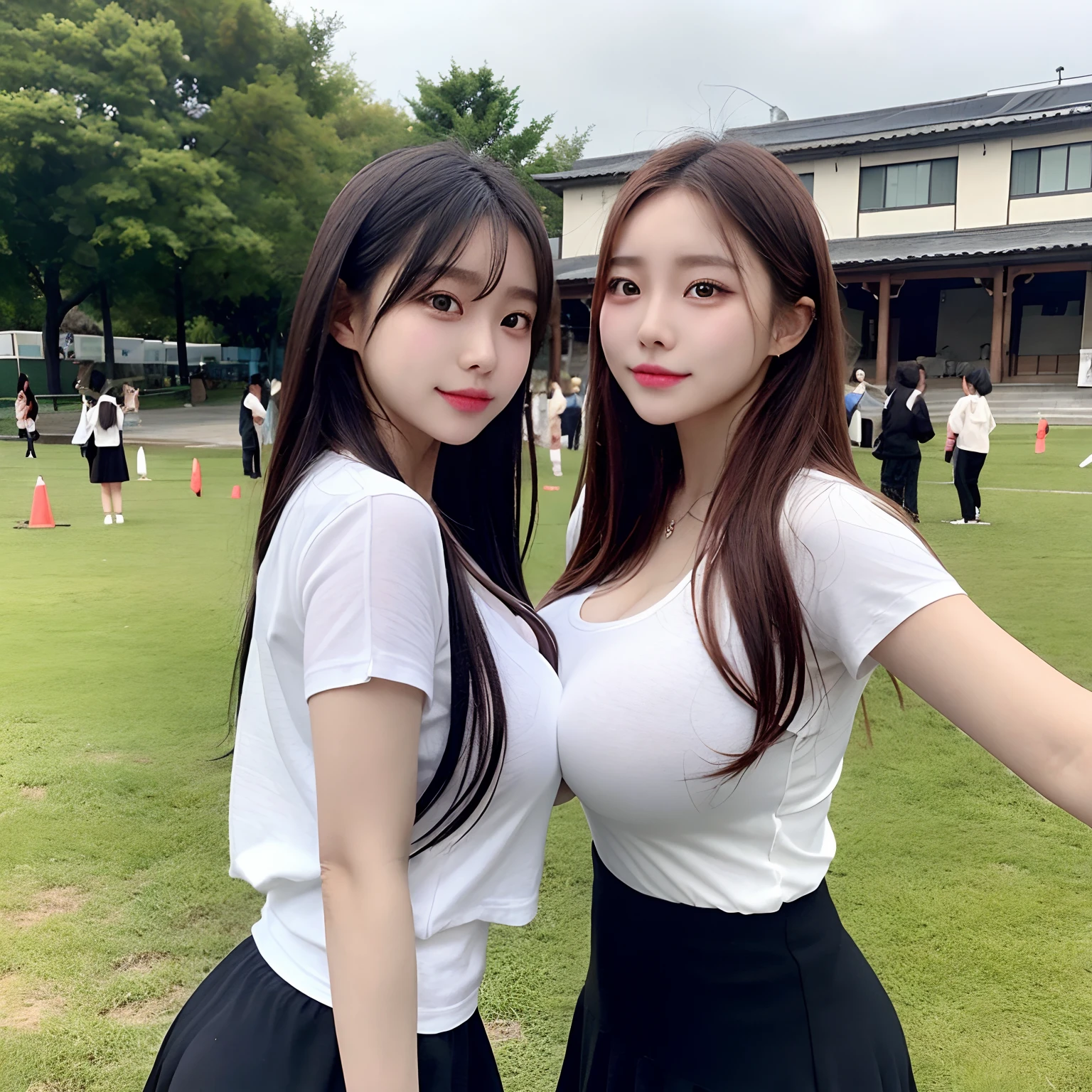 Masterpiece 8k、Top image quality、Symmetrical eyes、drooing eyes、japanaese girl、Colossal tits 、white shirt、a black skirt、校服、big butts、A smile、Buttock emphasis、school、Cultural Festival、Mock shop