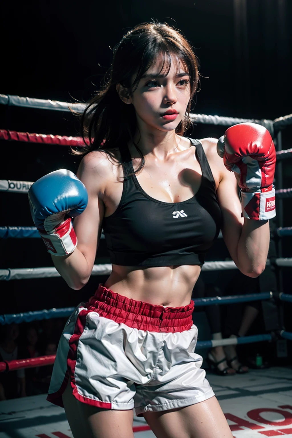 8k, best quality, masterpiece, realistic, real person, Unity 8k wallpaper, (1 girl) , Beautiful eyes, (Delicate face) , Perfect detail, (best lighting) , (super complex details) , (boxing girl) , (sexy), sweat, heavy breathing, ((screaming with big mouth open))))(oppressive aggression) , (boxing ring), athletic shorts, perfect detail, perfect fingers, perfect limbs, impact, (shiny skin), abs, muscles, big tits, waistline,boxing shorts, fist fight, black hair, high ponytail, very long hair, 4k unified, (super detail cg: 1.2), (8k: 1.2), realistic, octane rendering, (((martial arts tournament at the Greek Colosseum))), sunshine strong, audience seats are super full