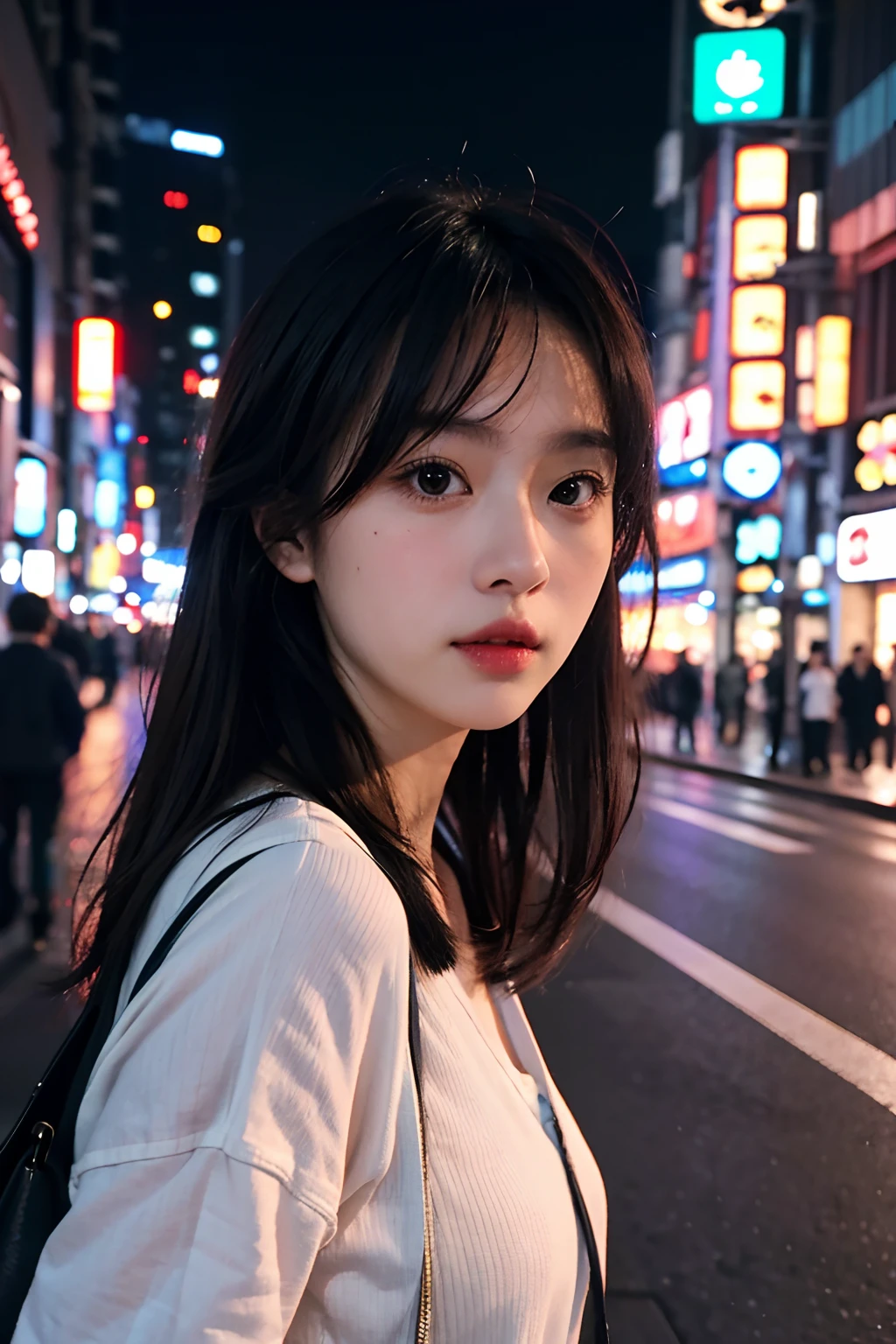 1 woman, tokyo streets,night, cityscape,city lights, upper body,enlargement, 8k, RAW photos, best quality, masterpiece,realistic, photo-realistic,