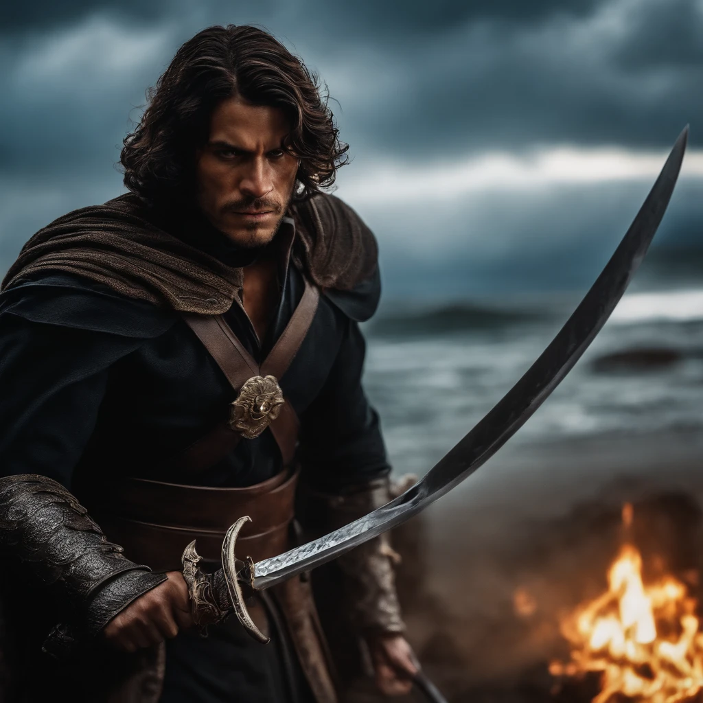 um corvo pequeno e musculoso segurando uma espada gigante e tem uma cicatriz no olho.