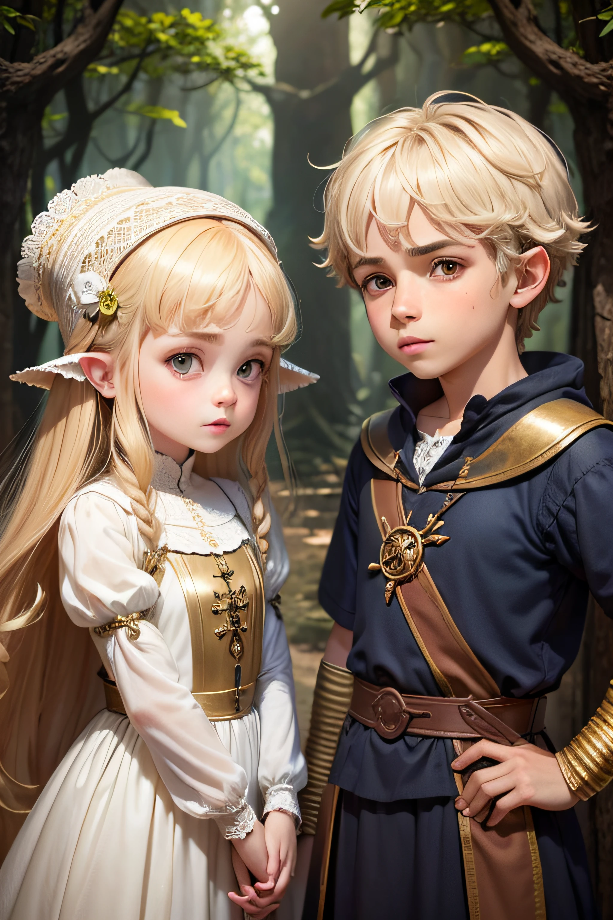 (extremely detailed CG unity 8k wallpaper), (masterpiece), (best quality), (realistic), fantasy, elf, (((child))), blonde hair, realism, short hair, darkness, night, beautiful and detailed lighting, shadows, fullbody, mage outfit, by Jeremy Lipking, by Antonio J. Manzanedo, by (Alphonse Mucha), digital painting, pointy ears, young, ???, twins, closeup, two boys