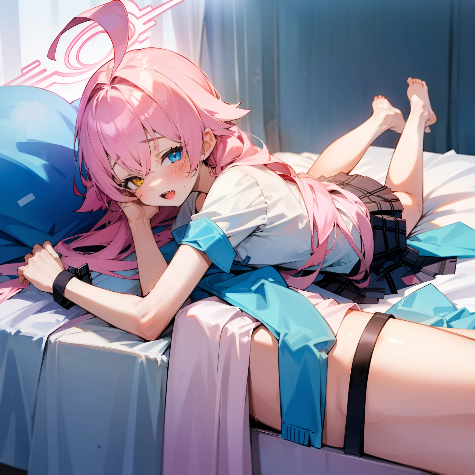 Hoshino (blue archive), In a bedroom, girl wakes up, lying in bed under covers, wearing tshirt