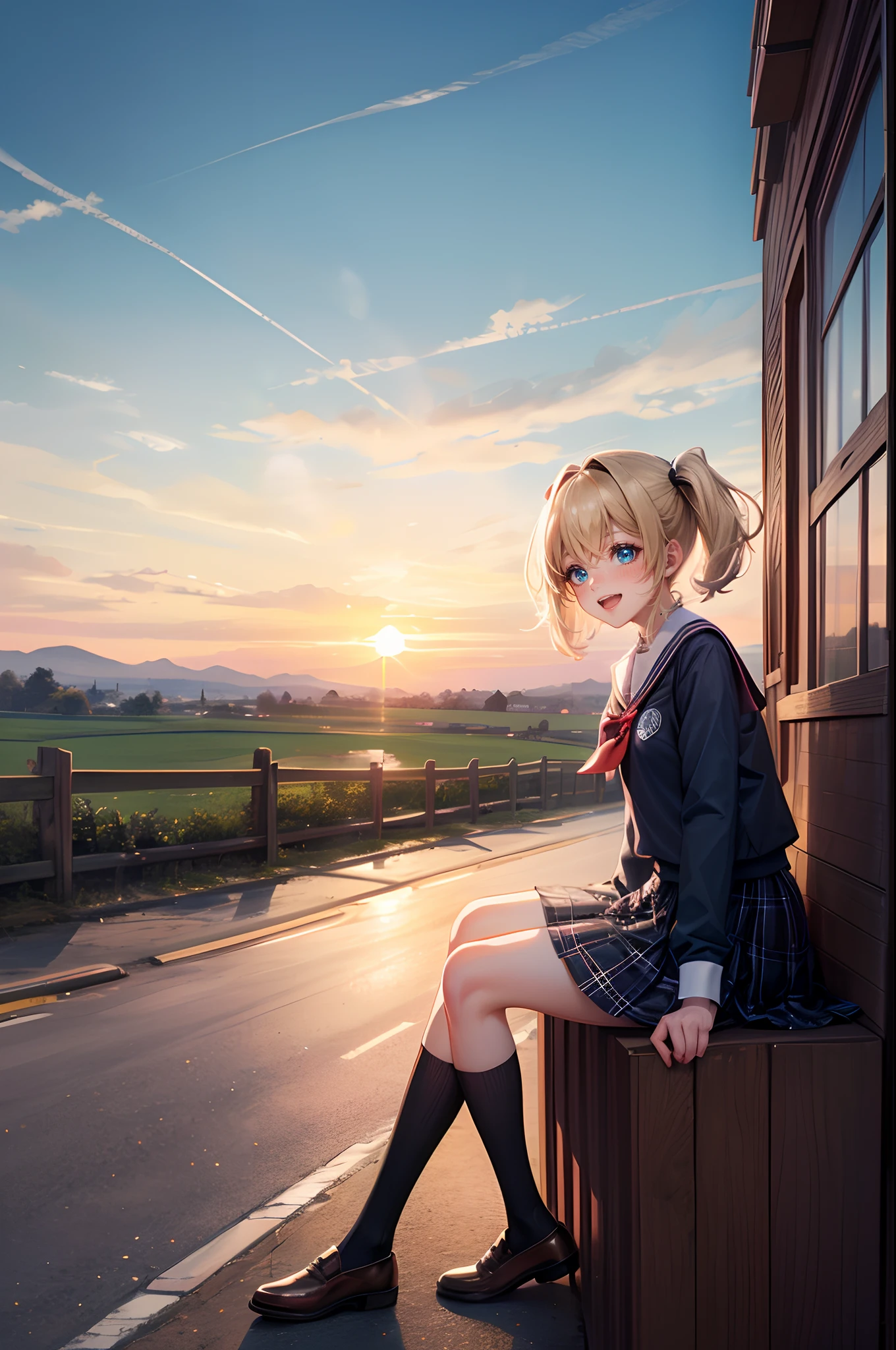 absurderes, (独奏:1.5,)ultra-detailliert,bright colour, extremely beautiful detailed anime face and eyes, view straight on, ;D, shiny_skin,25 years old, Short hair, , asymmetrical bangs, Blonde hair with short twin tails, Shiny hair, Delicate beautiful face, red blush、(cyan eyes:1.1)、Happy smile、closes mouth、Brown Single Blade、White School Uniform、Black socks、plaid skirts、early evening、Lots of countryside、Big sunset、Orange view、Small necklace、