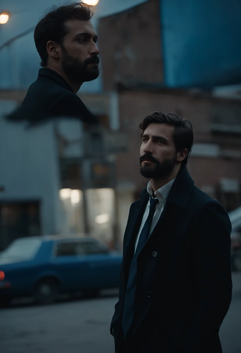 A solo man in a late afternoon street, medium size, 30 years old, melancholic vibe, blue color paletes, wears a dirty black suit and pants, has marks of bruises and punches on his face, nose with a protruding bone, large dark circles under his eyes, serious face, short and messy beard, wears a long blue wig, smoking a cigarette, looking at the road, sad vibes, prostitute, high quality, full hd, ultra realistic, 8k, by Ti West