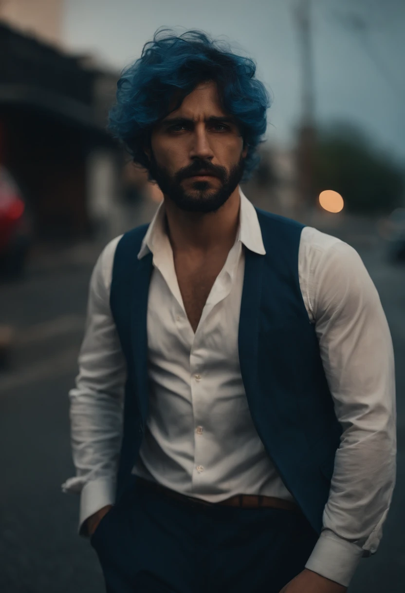 A solo man in a late afternoon street, medium size, 30 years old, melancholic vibe, blue color paletes, wears a dirty black suit and pants, has marks of bruises and punches on his face, nose with a protruding bone, large dark circles under his eyes, serious face, short and messy beard, wears a long blue wig, smoking a cigarette, looking at the road, sad vibes, prostitute, high quality, full hd, ultra realistic, 8k, by Ti West