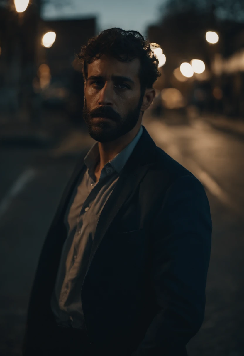 A solo man in a late afternoon street, medium size, 30 years old, melancholic vibe, blue color paletes, wears a dirty black suit and pants, has marks of bruises and punches on his face, nose with a protruding bone, large dark circles under his eyes, serious face, short and messy beard, wears a long blue wig, smoking a cigarette, looking at the road, sad vibes, prostitute, high quality, full hd, ultra realistic, 8k, by Ti West