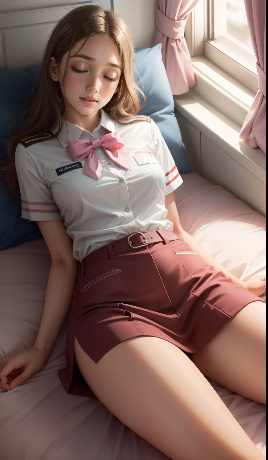 Sleeping Girl, 20 years old, Realistic,Wearing a stewardess uniform,Open legs, Expressions of satisfaction and relief, Brown hair. Pink bed theme and some cute stuffed animals on the bed,An ultra-high picture quality,high-detail,Get up,