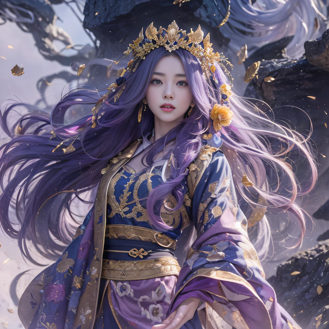 Genki Girl 32K(tmasterpiece,k hd,hyper HD,32K)Long flowing bright purple hair,Autumn Pond,zydink, a color, Asian people (Genki girl), (Silk scarf), Combat posture, looking at the ground, long whitr hair, Floating bright purple, Fire cloud pattern gold tiara, Chinese long-sleeved gold silk garment, (Abstract metaverse splash:1.2), white backgrounid,Lotus vitality protector(realisticlying:1.4),Bright purple hair,Smoke on the road,The background is pure, A high resolution, the detail, RAW photogr, Sharp Re, Nikon D850 Film Stock Photo by Jefferies Lee 4 Kodak Portra 400 Camera F1.6 shots, Rich colors, ultra-realistic vivid textures, Dramatic lighting, Unreal Engine Art Station Trend, cinestir 800,A girl with long flowing bright purple hair