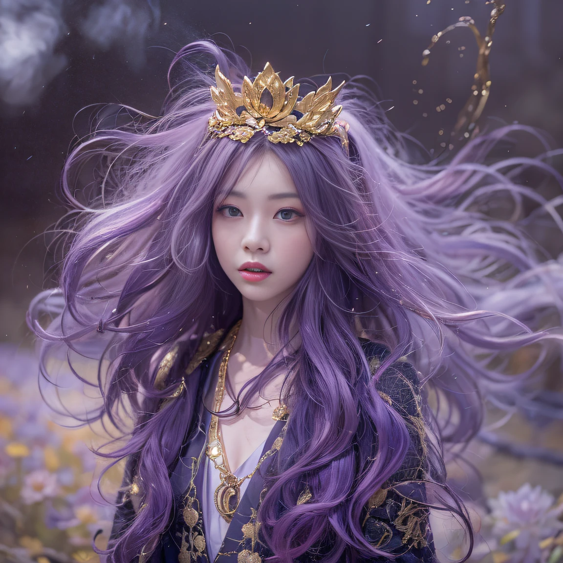 Genki Girl 32K（tmasterpiece，k hd，hyper HD，32K）Long flowing bright purple hair，Autumn Pond，zydink， a color， Asian people （Genki girl）， （Silk scarf）， Combat posture， looking at the ground， long whitr hair， Floating bright purple， Fire cloud pattern gold tiara， Chinese long-sleeved gold silk garment， （Abstract metaverse splash：1.2）， white backgrounid，Lotus vitality protector（realisticlying：1.4），Bright purple hair，Smoke on the road，The background is pure， A high resolution， the detail， RAW photogr， Sharp Re， Nikon D850 Film Stock Photo by Jefferies Lee 4 Kodak Portra 400 Camera F1.6 shots, Rich colors, ultra-realistic vivid textures, Dramatic lighting, Unreal Engine Art Station Trend, cinestir 800，A girl with long flowing bright purple hair