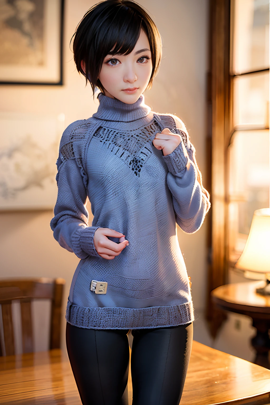 ((pixie_cut short_hair):1.2), 8K、Raw photography。top-quality、high_quality、Extreme_Detail_Photography、Eye for extreme detail、Super Detail Face、Hair in super detail、Super detail body、(Photography Lighting:1.3)、1girl、Puffy eyes、Eyes in good shape。Brown-eyed、dark brown short hair、good lips、Small lips、Raw photo, Best Quality, masutepiece, ultra-detailliert, (blue cable-knit turtleneck dress), (long sleeves:1.5), (Wool:1.7), 超A high resolution, Realistic,wide_angle, tiny head, (ankle:1.4), ((((solo)))), (seductive posture:2.0), perfect hands, perfect fingers, feminine fingers, looking at the viewer, (split_chin:1.3), (knit leggings:1.5)