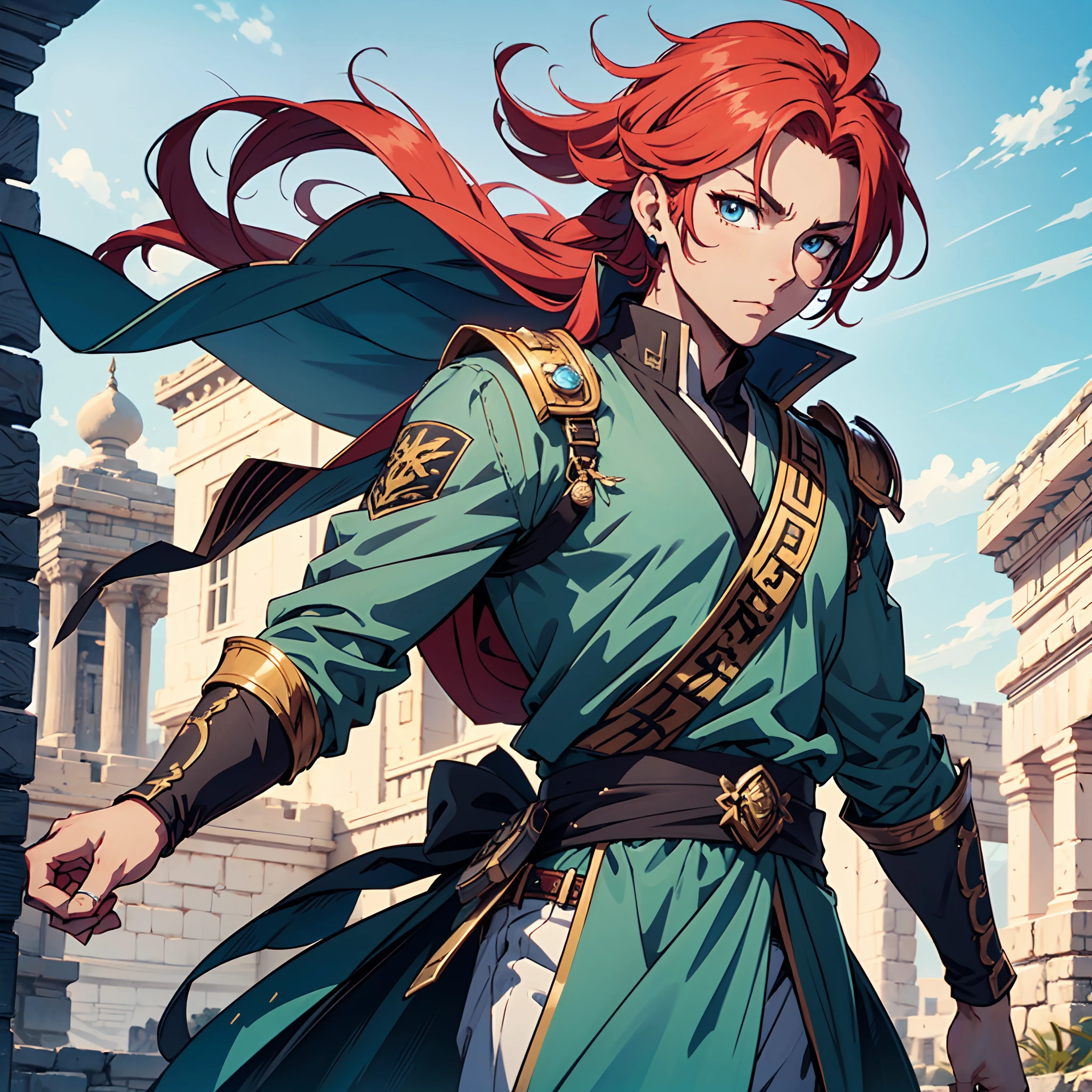 Ultra High Definition, Ultra High Quality, Extremely Detailed, Perfectly Detailed, Masterpiece, 8k, 1 Boy, Look A Like Xin From Kingdom Anime, Handsome, Equipped With Royal Knight Armor, Solid Light Blue Eyes, Long Red Hair, Body Shot, Ancient Kingdom Background