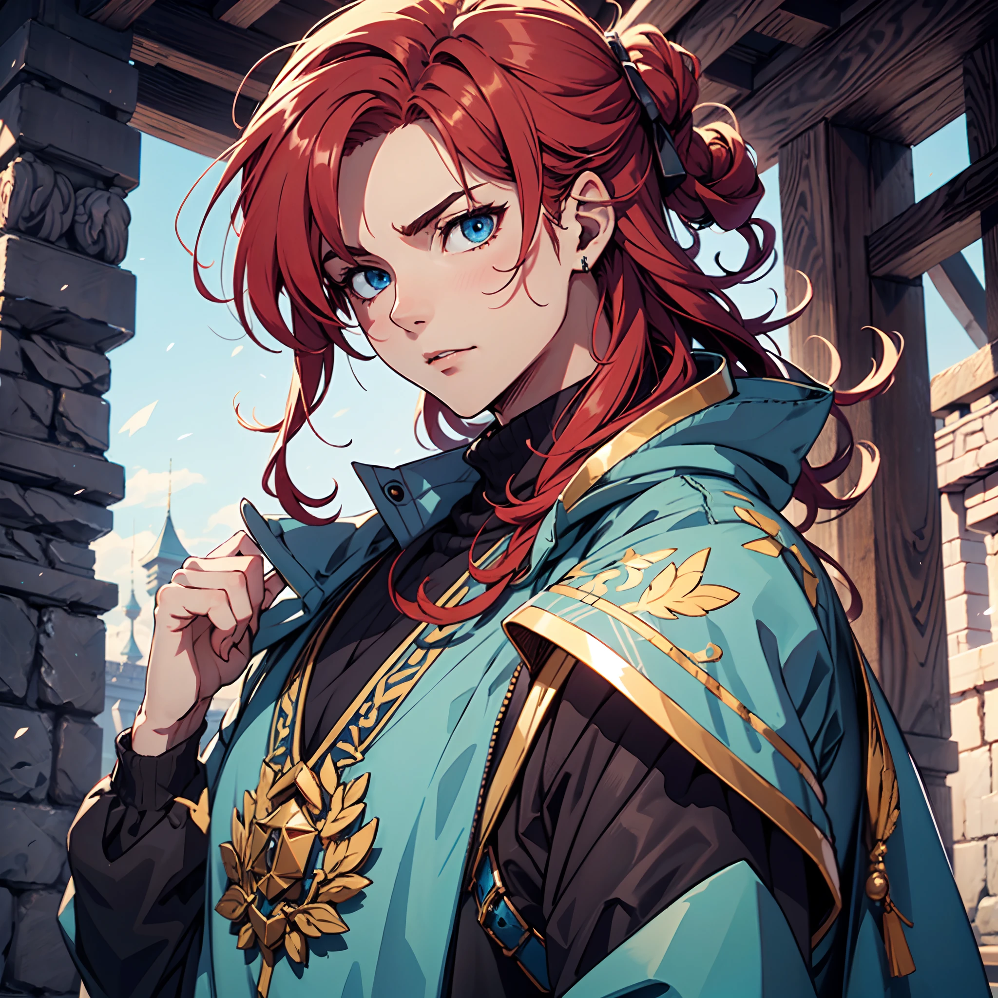 Ultra High Definition, Ultra High Quality, Extremely Detailed, Perfectly Detailed, Masterpiece, 8k, 1 Boy, Look A Like Xin From Kingdom Anime, Handsome, Equipped With Royal Knight Armor, Solid Light Blue Eyes, Long Red Hair, Body Shot, Ancient Kingdom Background