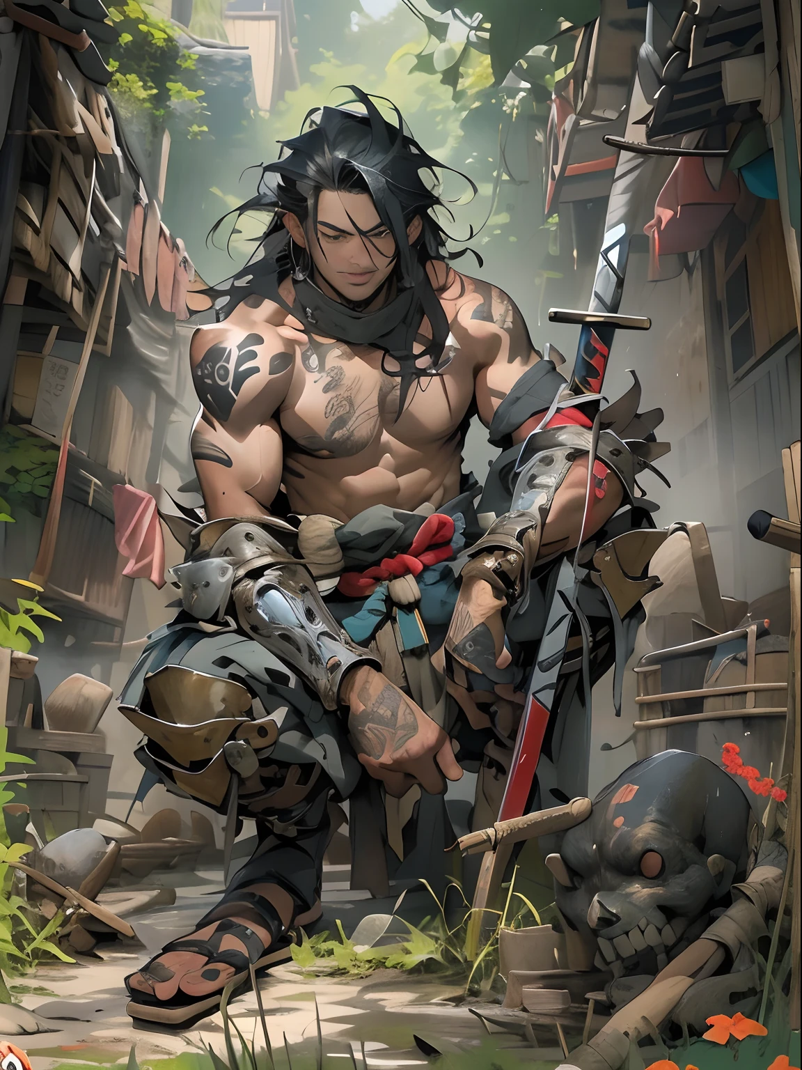 (((mtu))), (((best qualityer))), (((tmasterpiece))), (((AS-Adult))), ((( Japanese ))), Look up from your knees, Handsome Asian samurai，perfect body figure, Modern samurai, ((( Asian))), Wear gloves on your hands，The left arm is made of steel and metal tips，Made of protective devices, The eyes are pulled, (( Appears below the chest )), (( Small dental floss )), Simon Bisley, Almost naked（Simon Bisley）Castle City Wilderness，For high-resolution posters, hair straight, Minimum clothing, armure (Crazy clothes ), Full of tips and rivets, tribal tattoos, (((full bodyesbian))), Straight brunette hair，Colored hair ends