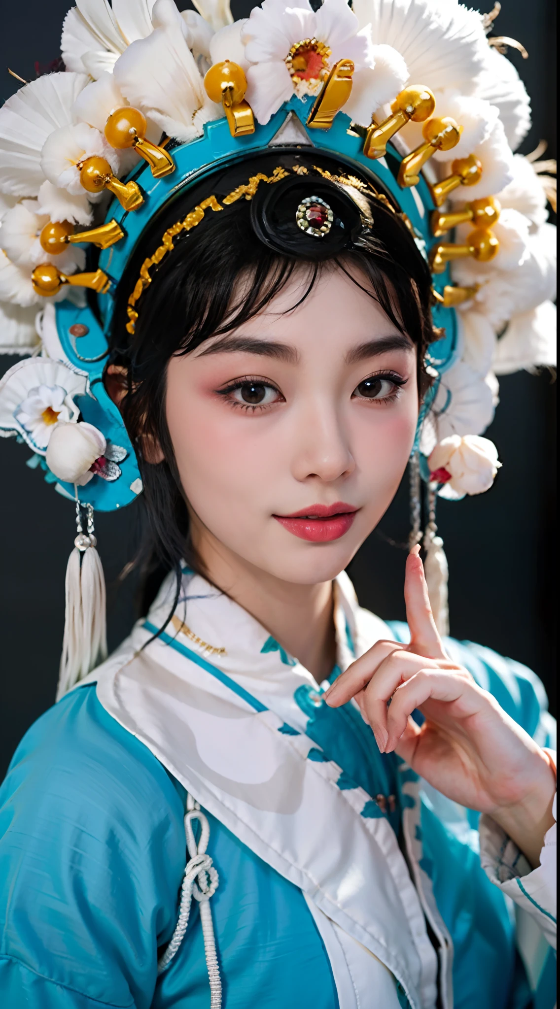 8K, RAW photo, Best quality, Masterpiece, Realistic, photo-realistic, Ultra detailed,
1 girl,  CNOperaCrown,  from the front side, view the viewer, Makeup, Beijing Opera Costume,headdress, (((CNOperaFlag))), Mark from behind, Holding,  Upper body, nipple tassels,Portrait, Simple background, Smile, Mouth closed, Flowers,small breasts,slim,thin,small head,small face