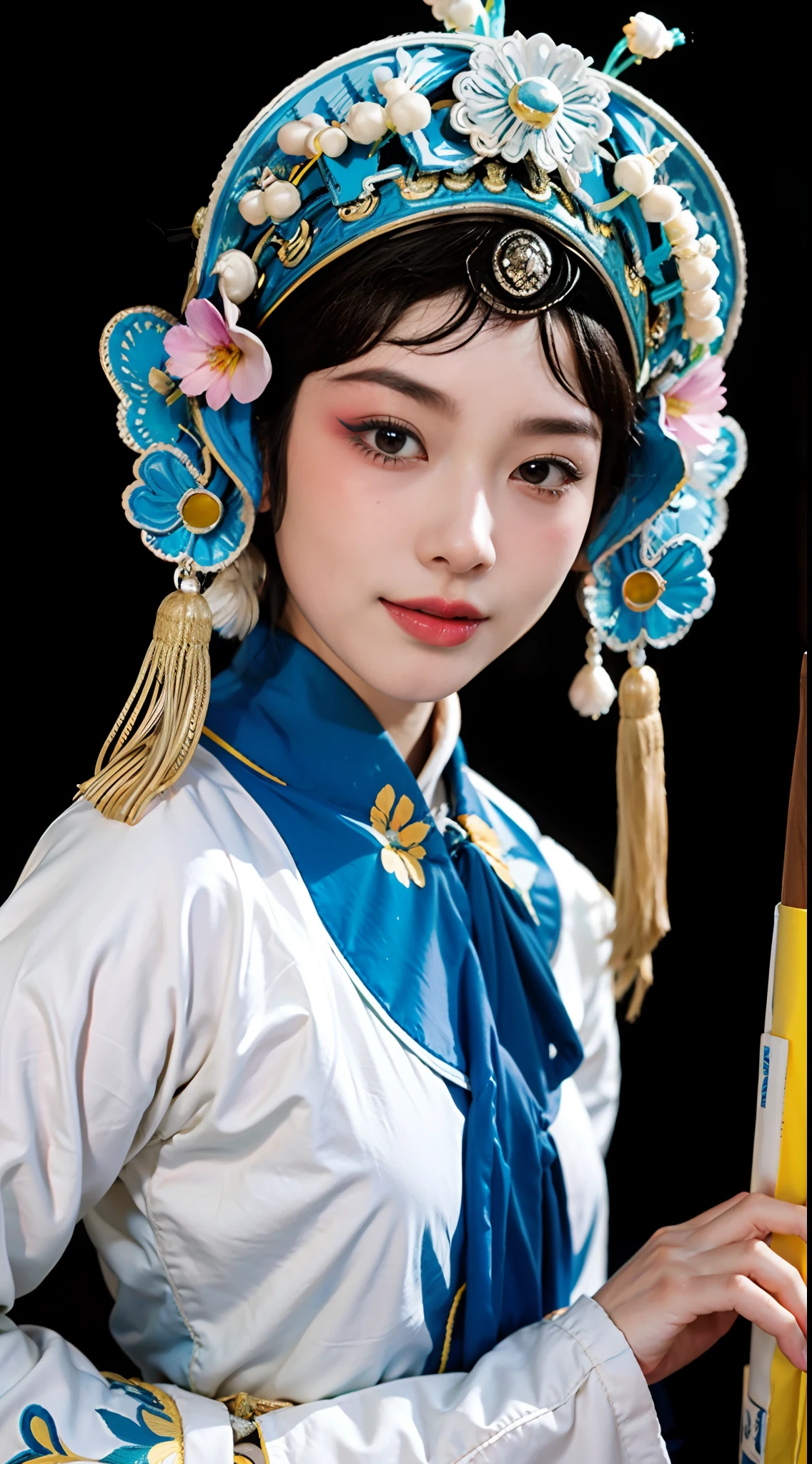 8K, RAW photo, Best quality, Masterpiece, Realistic, photo-realistic, Ultra detailed,
1 girl,  CNOperaCrown,  from the front side, view the viewer, Makeup, Beijing Opera Costume,headdress, (((CNOperaFlag))), Mark from behind, Holding,  Upper body, nipple tassels,Portrait, Simple background, Smile, Mouth closed, Flowers,small breasts,slim,thin,small head,small face