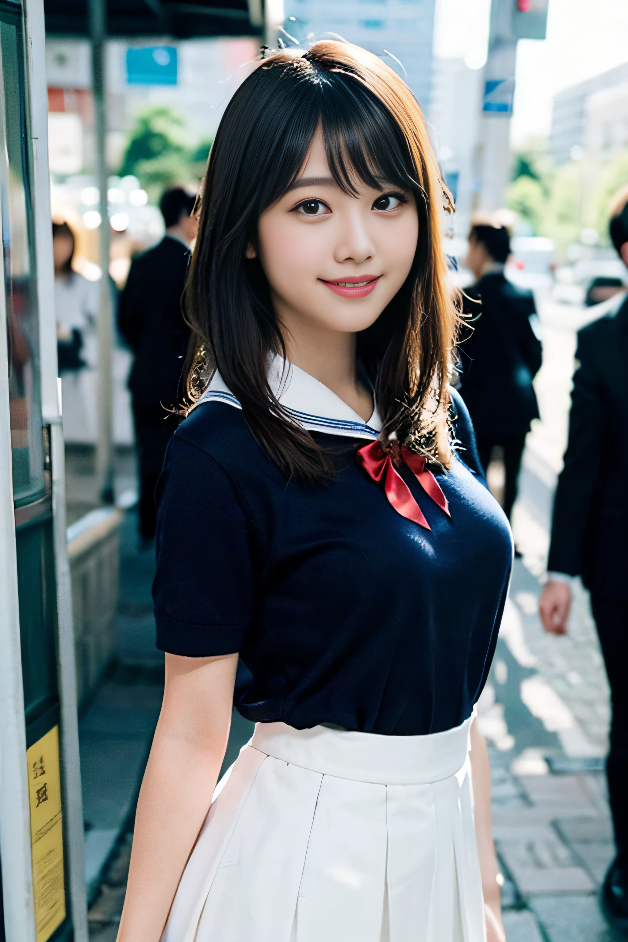 (8K、Raw photography、top-quality、masterpiece:1.2)、(realisitic、Photorealsitic:1.37)、ultra-detailliert、超A high resolution、女の子1人、see the beholder、beautifull detailed face、A smile、Constriction、(Slim waist) :1.3)、Beautiful detailed skin、Skin Texture、Floating hair、Professional Lighting、Whole human body、Longhaire、a blond、japanese hight school uniform、a sailor suit、In the street、Bob Hair、School route、夏天、white thighhig、Dark blue skirt、Bus stop、Happy smile、