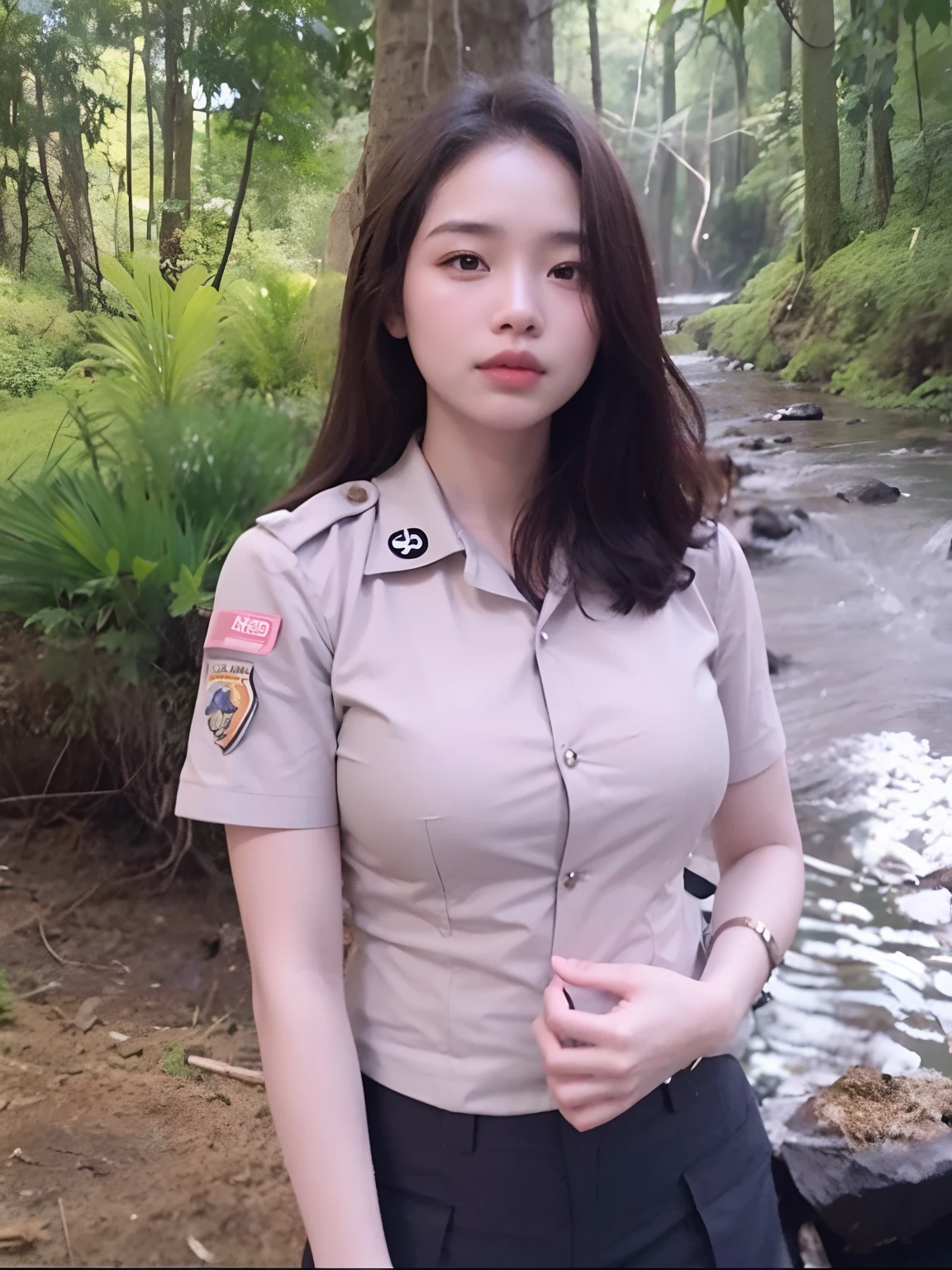 arafed woman in uniform standing in front of a stream, girl wearing uniform, in front of a forest background, gorgeous jungle ranger, nivanh chanthara, in uniform, 1 8 yo, dang my linh, forest hunter lady, Girl Scouts, in jungle, malaysian, leaked photo, portrait of a female ranger, mai anh tran