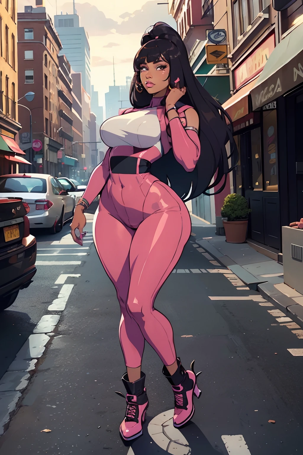 (nicki minaj), (fullbody), curvy, brown skin, long hair with bangs, makeup, super detailed, modern style, city, direct look, contoured