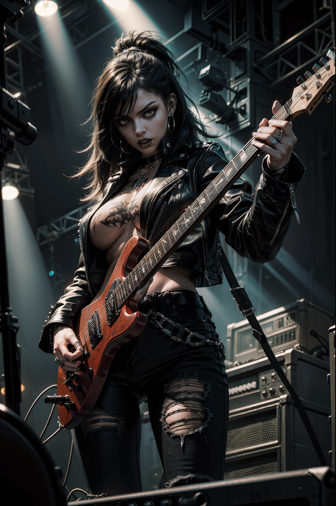 Heavy metal, biker chick with chains and spikes, ferocious expression, powerful female rock star, black leather, dressed in black leather jacket and torn jeans, dark eyeliner and black lipstick, heavy music, fierce woman, standing tall, epic guitar solo, guitar on fire, woman solo electric guitar, female guitarist of metal, woman playing the guitar, electric guitar made of metal, flames on stage, female rocker playing a concert,