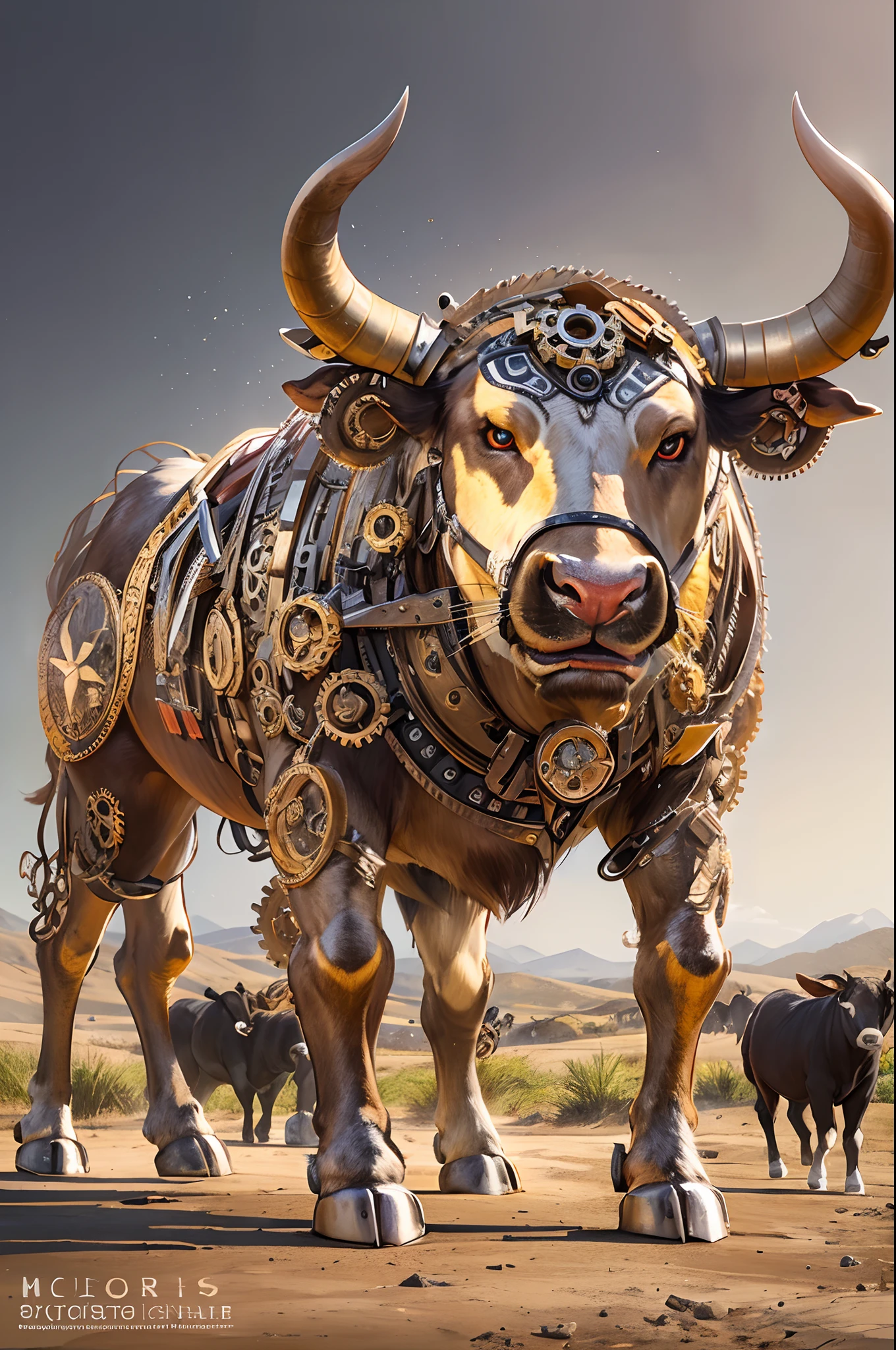 A powerful bull made of mechanical gears and cogs, surrounded by a group of small calves, charging forward in migration. High quality, 4k, ultra-detailed, photorealistic:1.2, with studio lighting. The bull's metallic body shines under the warm sunlight, reflecting its strength and determination. The intricate gears and cogs that make up its body are meticulously crafted, showcasing exquisite craftsmanship. The small calves following behind show a sense of unity and family, their playful energy contrasting with the bull's immense power. The background features vast open fields, where the bull and its herd are moving towards a distant horizon. Vivid colors enhance the dramatic effect of this powerful scene.