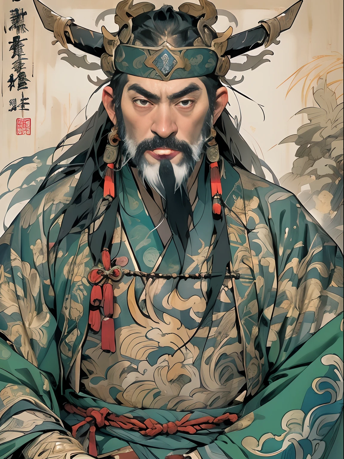 (((China-style，Ink painting method，Half-length portrait，Intense color，Han dynasty, China，Hanfu，Armor，Guan yu，Guan Yunchang，of a guy，Ruddy killing square face，Hold the Blue Dragon Moon Knife in his right hand，Stroke your beard with your left hand，Long hair，petty eyes，Green robe))), (((best qualityer))), (((tmasterpiece))), (((AS-Adult))), ((( Japanese ))), Look up from your knees, Handsome Asian samurai，perfect body figure, Modern samurai, ((( Asian))), Wear gloves on your hands，The left arm is made of steel and metal tips，Made of protective devices, The eyes are pulled, (( Appears below the chest )), (( Small dental floss )), Simon Bisley, Almost naked（Simon Bisley）Castle City Wilderness，For high-resolution posters, hair straight, Minimum clothing, armure (Crazy clothes ), Full of tips and rivets, tribal tattoos, (((full bodyesbian))), Straight brunette hair，Colored hair ends