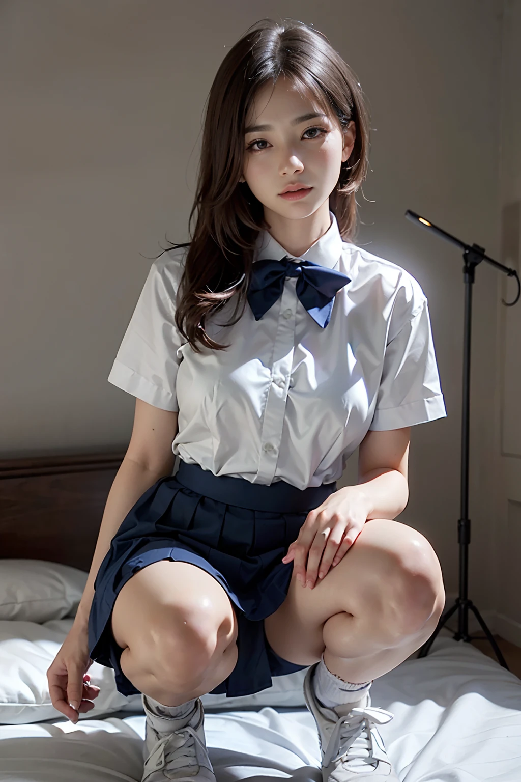 (Photoreal: 1.4), (Hyperrealistic: 1.4), (Realistic: 1.3), (Smooth lighting: 1.05), (Improved Cinematic Lighting: 0.9), 32K, A Japanese woman with a faint smile, Realistic lighting, Backlight, Face Lights, Ray traching, (Bright light: 1.2), (Quality improvement: 1.4), ( Top quality realistic texture skin: 1.4), Fine Detailed Eyes, Detailed face, Fine quality eye, Dark brown eyes, (Tired, Sleepy and Satisfied: 0.0), Pale light, White blouse, Bow tie, Navy blue skirt, Silk white ankle socks with the edges rolled up and worn, White background, Squat on the bed with your legs