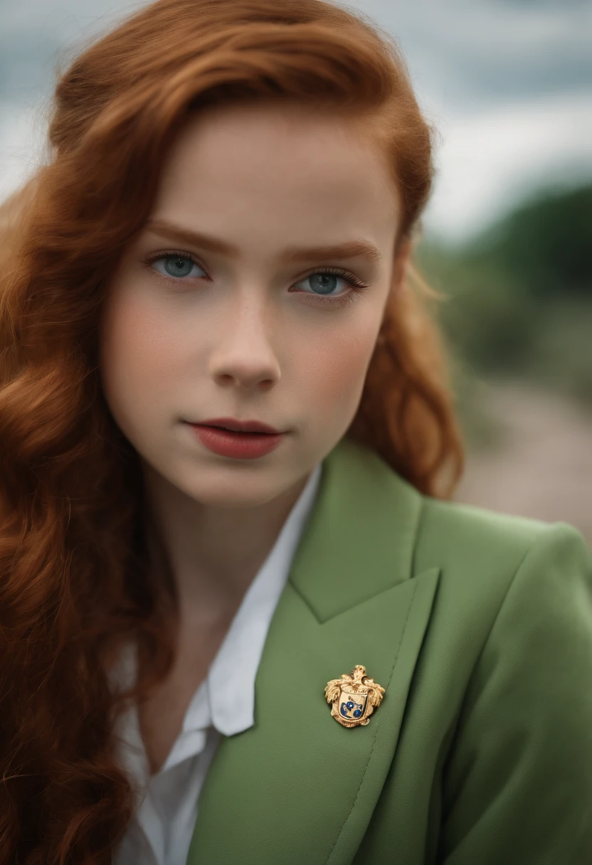 French school background, ultra realistic, 8k, good quality, a 12 years old girl, red-haired girl, has big ginger hair tied in a one red bow, has freckles only her cheeks, a very thin pointed nose, (slightly slanted almond-shaped eyes), has thin black eyebrows, (very thin body), thin face, wears a formal white shirt with a short collar, (on top is a sleeveless light green blazer cropped), (with various emblems), (has a long, knee-length, light green long skirt), tied with a brown belt), black leather shoes and white socks, (full body), full hd