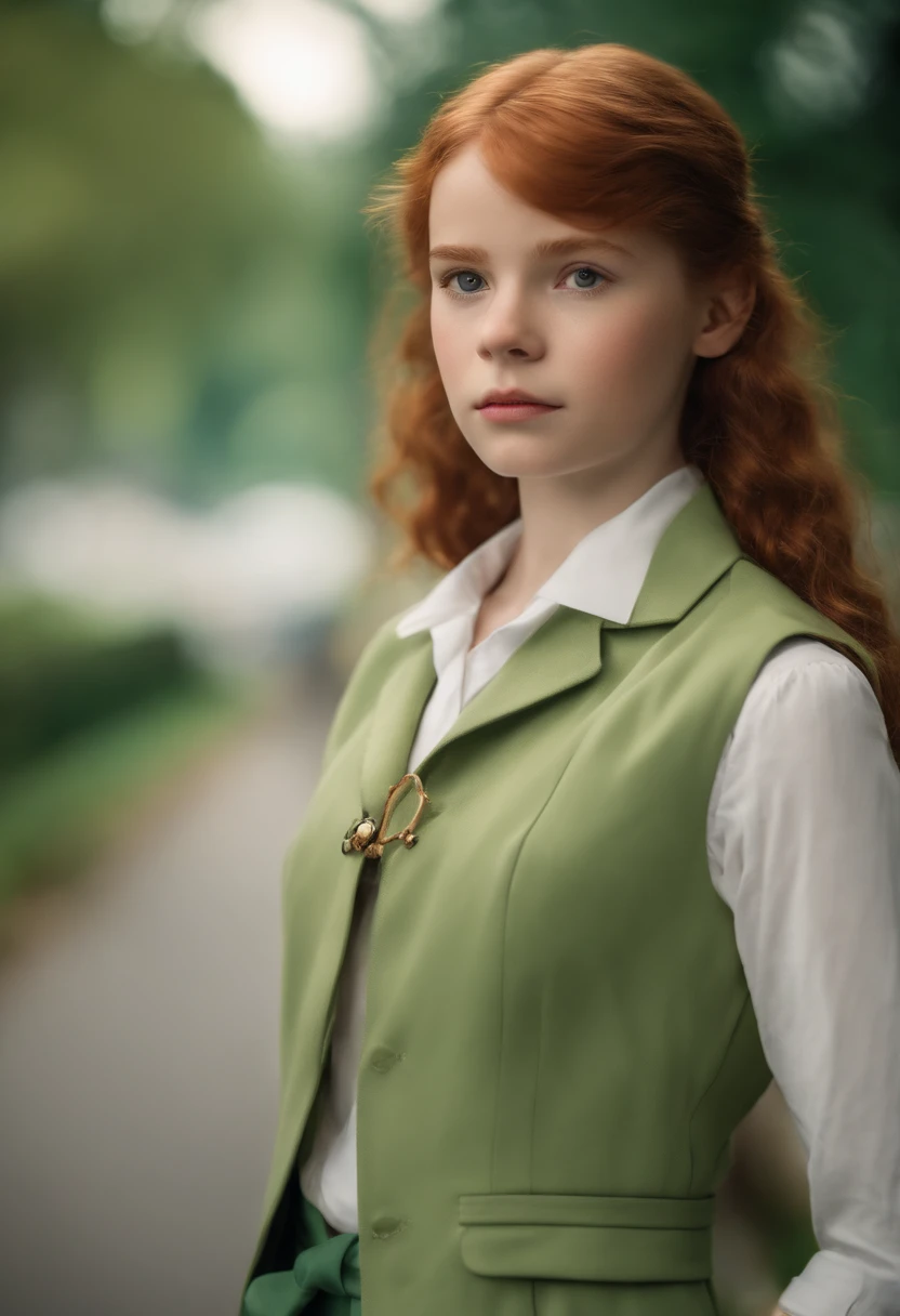 French school background, ultra realistic, 8k, good quality, a girl, red-haired girl, has big ginger hair tied in a one red bow, has freckles only her cheeks, a very thin pointed nose, (slightly slanted almond-shaped eyes), has thin black eyebrows, (very thin body), thin face, wears a formal white shirt with a short collar, (on top is a sleeveless light green blazer cropped), (with various emblems), (has a long, knee-length, light green long skirt), tied with a brown belt), black leather shoes and white socks, (full body), full hd