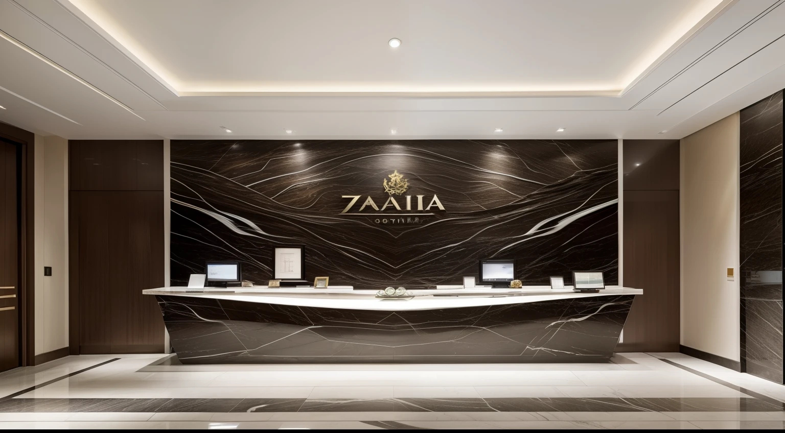 top-quality、masterpiece、Hotel lobby designed by Zaha Hadid,Concierge counter. Photorealistic and hyperrealistic