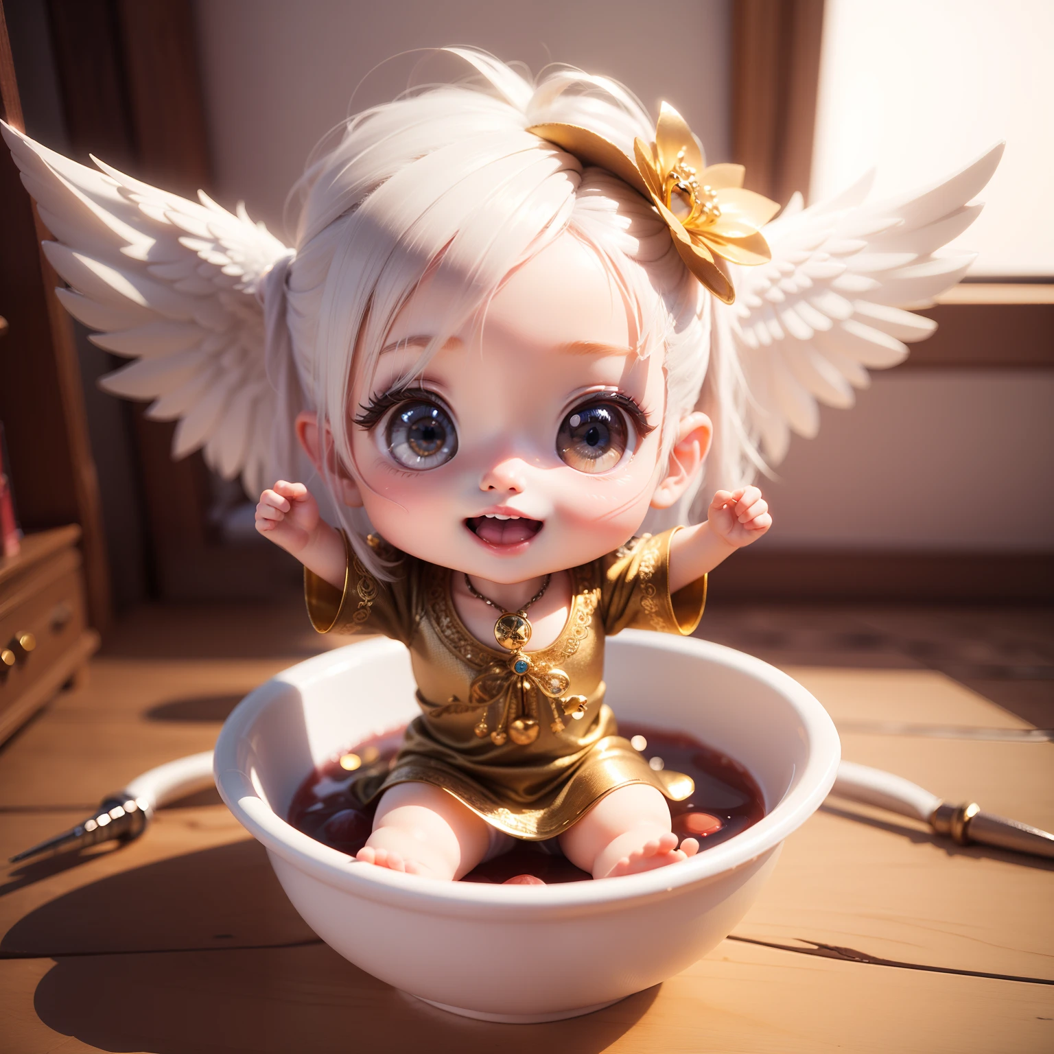 Cute  Chibi Anime,(((chibi3d))) (best quality) (masterprice)、Chibi Angel、Open your mouth and smile、A detailed face、Floating in the air、White hair、Jewelry Decoration Costumes、Sunlight shining in the morning sun