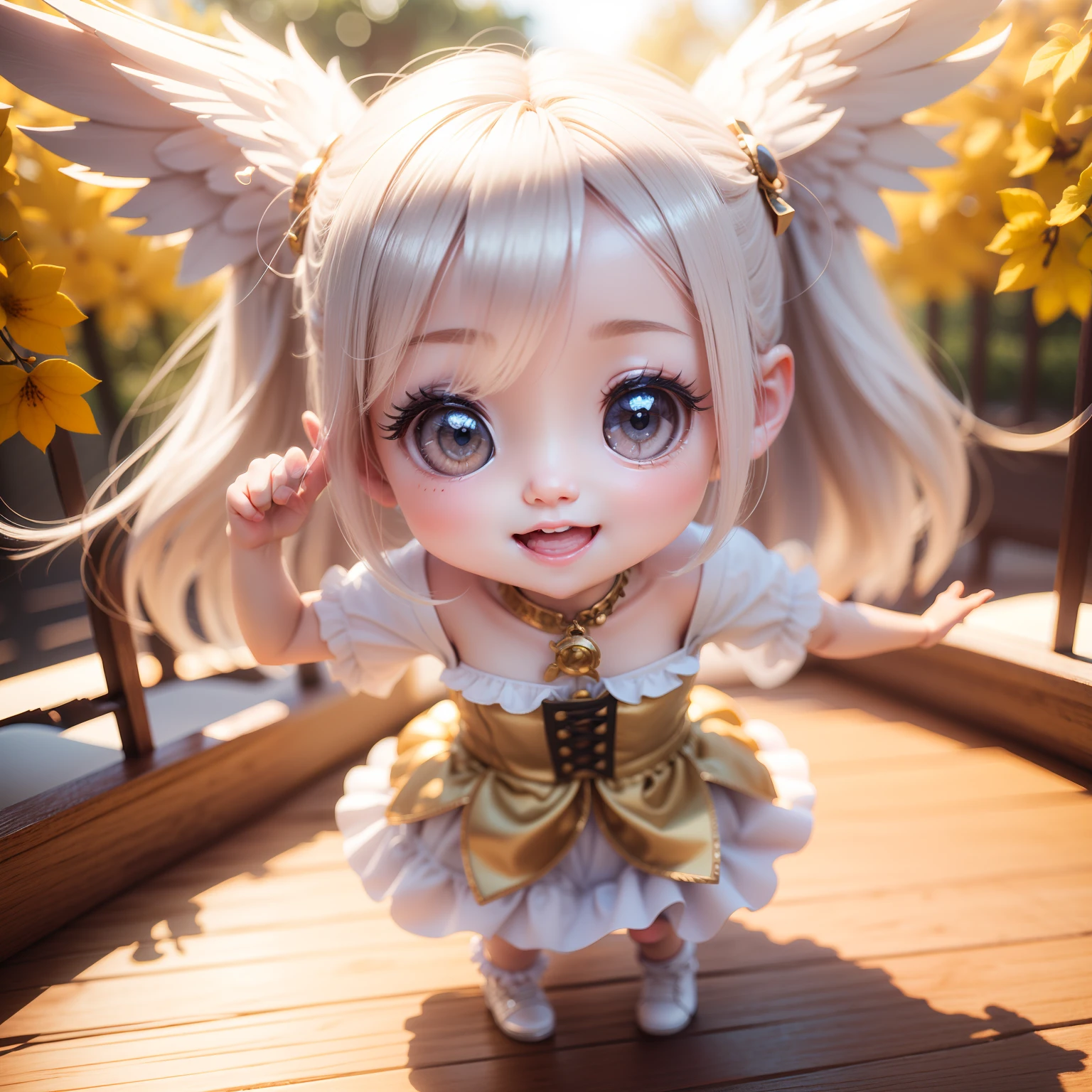 Cute  Chibi Anime,(((chibi3d))) (best quality) (masterprice)、Chibi Angel、Open your mouth and smile、A detailed face、Floating in the air、White hair、Jewelry Decoration Costumes、Sunlight shining in the morning sun