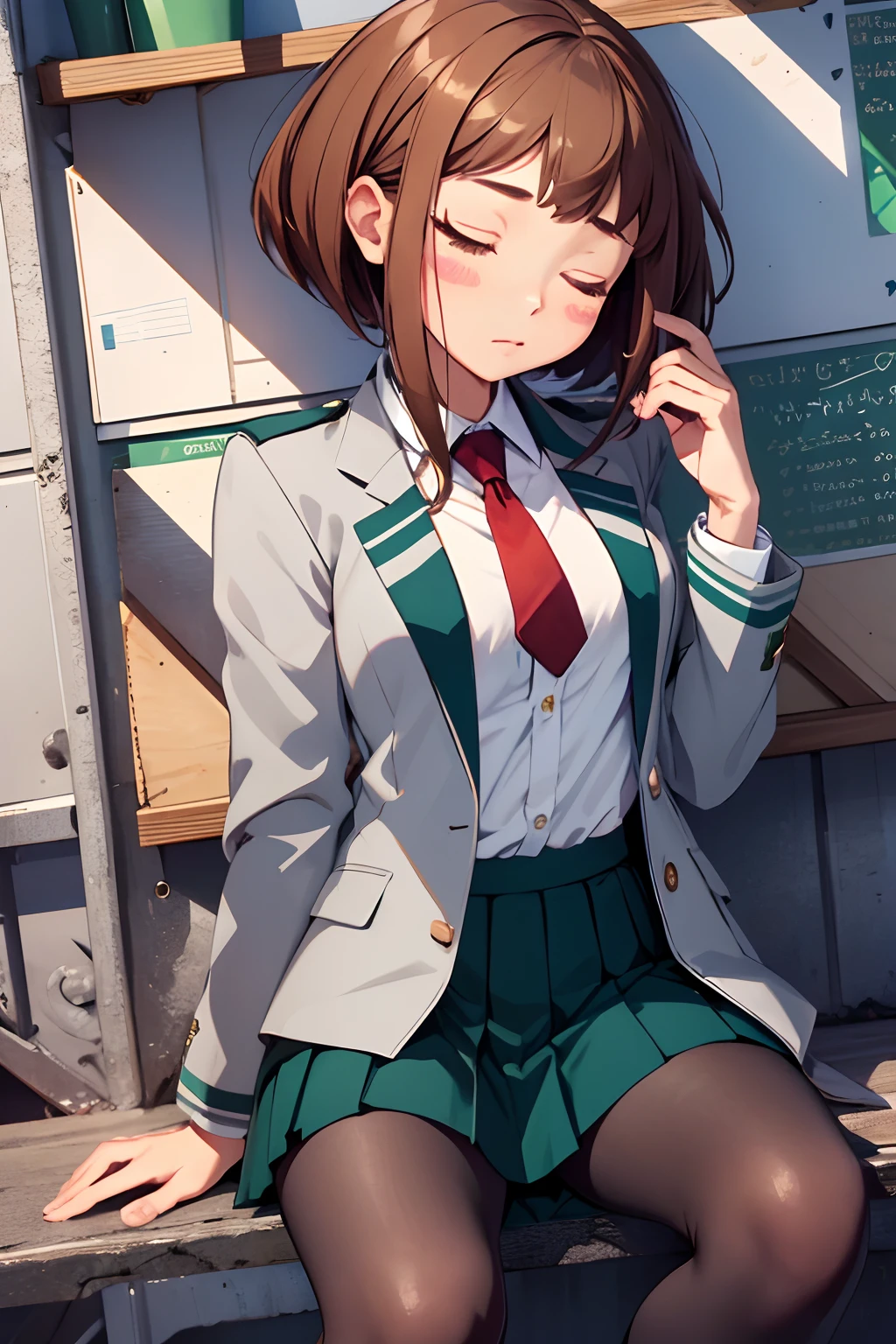 masterpiece, best quality, highres, hmochako, blush stickers, short hair, medium breasts. school uniform, green skirt, pleated skirt, red necktie, black pantyhose, white shirt, long sleeves, grey jacket, cowboy shot,sitting, asleep,deep sleep,both eyes closed