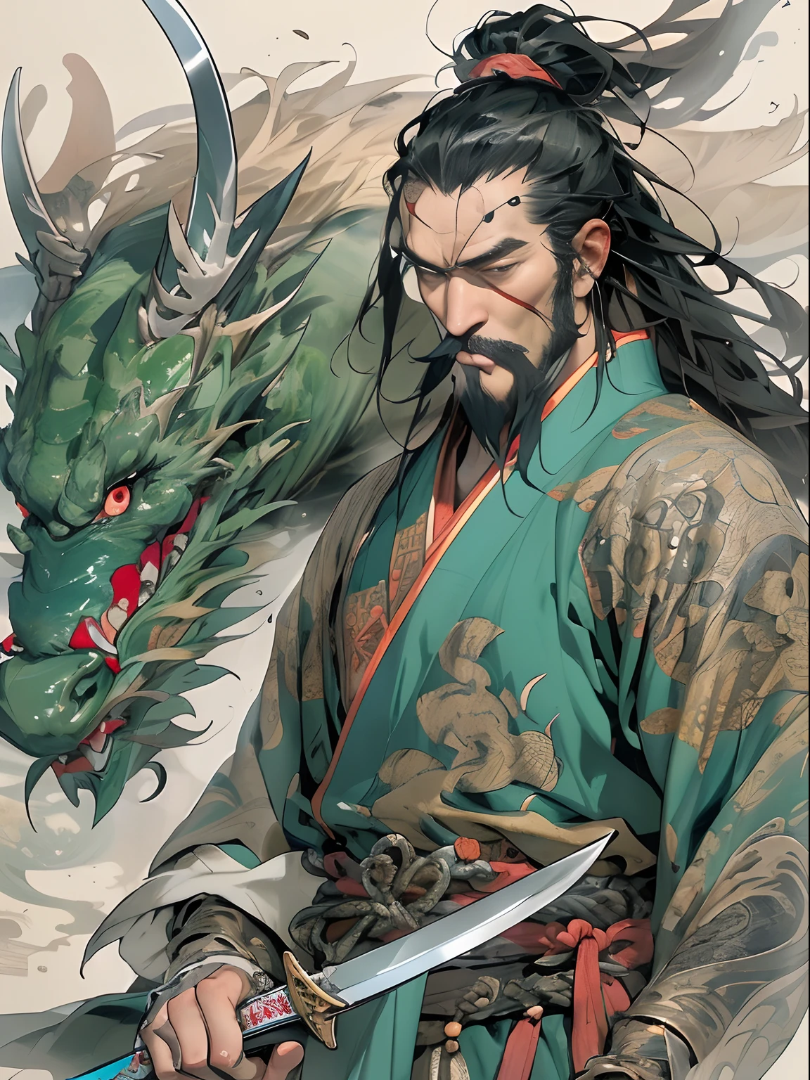 (((China-style,Ink painting method,Half-length portrait,Intense color,Han dynasty, China,Hanfu,Armor,Guan yu,Guan Yunchang,of a guy,Ruddy killing square face,Hold the Blue Dragon Moon Knife in his right hand,Stroke your beard with your left hand,Long hair,petty eyes,Green robe))), (((best qualityer))), (((tmasterpiece))), (((AS-Adult))), ((( Japanese ))), Look up from your knees, Handsome Asian samurai,perfect body figure, Modern samurai, ((( Asian))), Wear gloves on your hands,The left arm is made of steel and metal tips,Made of protective devices, The eyes are pulled, (( Appears below the chest )), (( Small dental floss )), Simon Bisley, Almost naked(Simon Bisley)Castle City Wilderness,For high-resolution posters, hair straight, Minimum clothing, armure (Crazy clothes ), Full of tips and rivets, tribal tattoos, (((full bodyesbian))), Straight brunette hair,Colored hair ends
