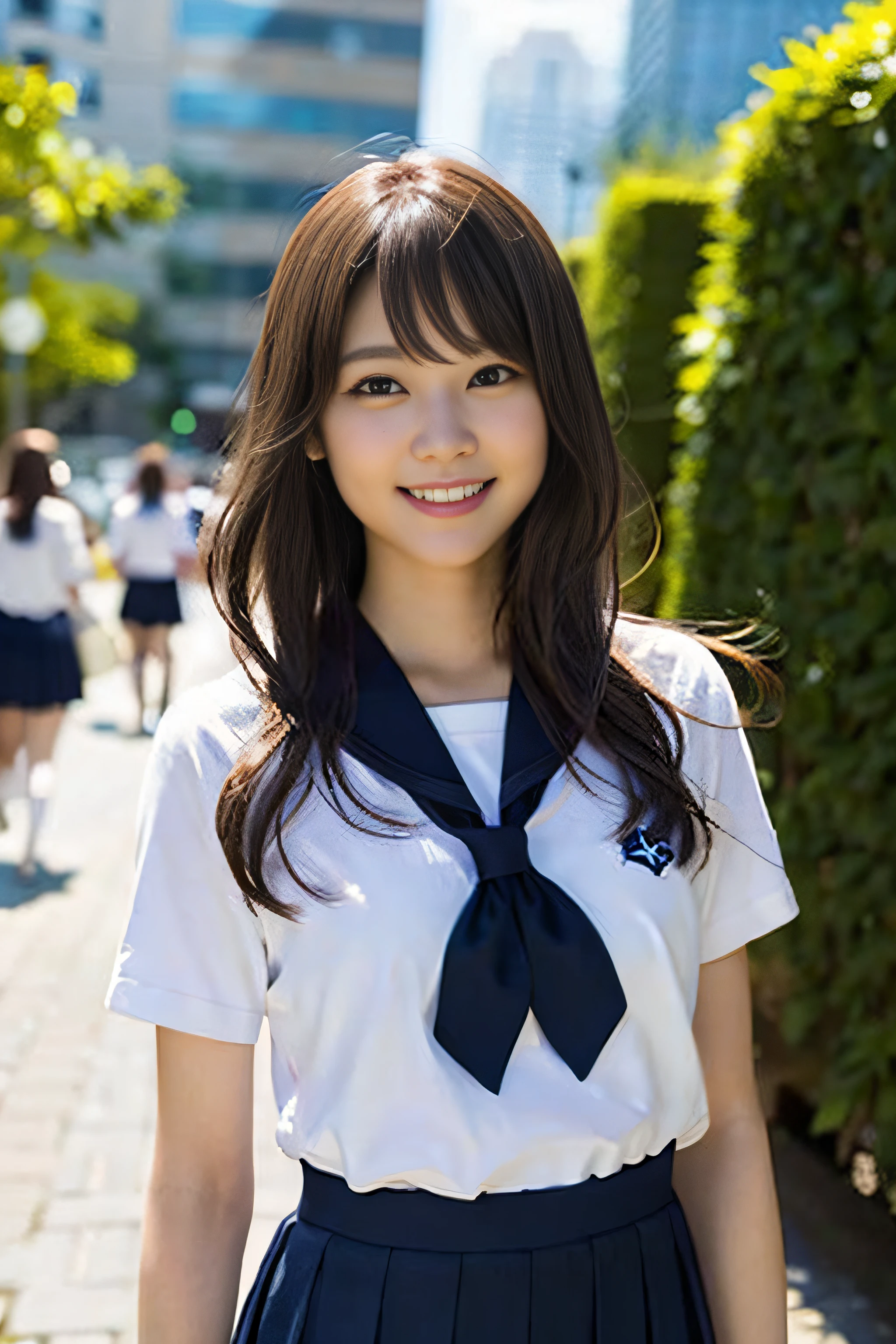 (8K、Raw photography、top-quality、masterpiece:1.2)、(realisitic、Photorealsitic:1.37)、ultra-detailliert、超A high resolution、女の子1人、see the beholder、beautifull detailed face、A smile、Constriction、(Slim waist) :1.3)、Beautiful detailed skin、Skin Texture、Floating hair、Professional Lighting、Whole human body、Longhaire、a blond、japanese hight school uniform、a sailor suit、In the street、Bob Hair、School route、夏天、white thighhig、Dark blue skirt、Bus stop、Happy smile、