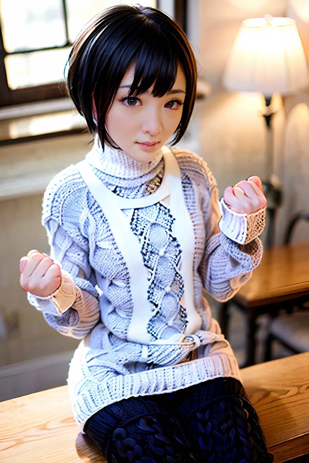 ((pixie_cut short_hair):1.2), 8K、Raw photography。top-quality、high_quality、Extreme_Detail_Photography、Eye for extreme detail、Super Detail Face、Hair in super detail、Super detail body、(Photography Lighting:1.3)、1girl、Puffy eyes、Eyes in good shape。Brown-eyed、dark brown short hair、good lips、Small lips、Raw photo, Best Quality, masutepiece, ultra-detailliert, (blue cable-knit turtleneck dress), (long sleeves:1.5), (Wool:1.7), 超A high resolution, Realistic,wide_angle, tiny head, (ankle:1.4), ((((solo)))), (seductive posture:2.0), perfect hands, perfect fingers, feminine fingers, looking at the viewer, (split_chin:1.3), (knit leggings:1.5), (cable knit:1.9)