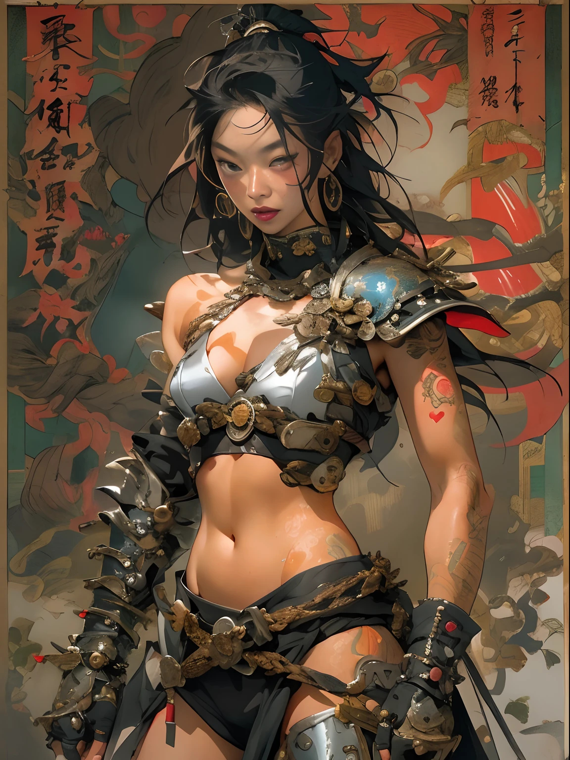 (((woman))), (((best qualityer))), (((tmasterpiece))), (((AS-Adult))), ((( Japanese ))), Look up from your knees, A beautiful asian samurai woman with perfect body, Modern samurai, ((( Asian))), Wear gloves on your hands,The left arm is made of steel and metal tips,Made of protective devices, The eyes are pulled, (( Appears below the breast )), (( Small dental floss )), Simon Bisley, Almost naked(Simon Bisley)Castle City Wilderness,For high-resolution posters, hair straight, Minimum clothing, armure (Crazy clothes ), Full of tips and rivets, tribal tattoos, (((full bodyesbian))), Straight brunette hair,Colored hair ends