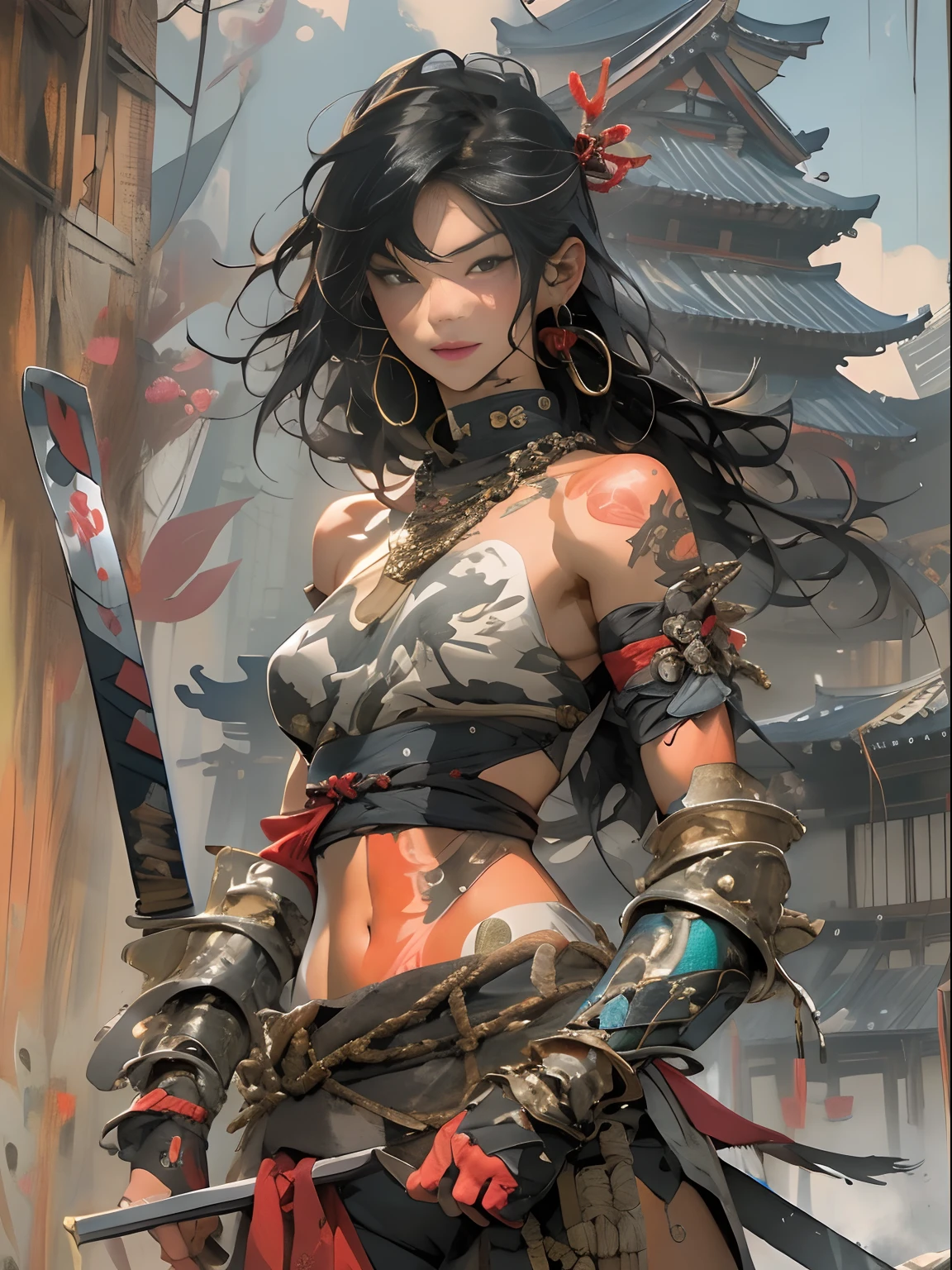 (((woman))), (((best qualityer))), (((tmasterpiece))), (((AS-Adult))), ((( Japanese ))), Look up from your knees, A beautiful asian samurai woman with perfect body, Modern samurai, ((( Asian))), Wear gloves on your hands,The left arm is made of steel and metal tips,Made of protective devices, The eyes are pulled, (( Appears below the breast )), (( Small dental floss )), Simon Bisley, Almost naked(Simon Bisley)Castle City Wilderness,For high-resolution posters, hair straight, Minimum clothing, armure (Crazy clothes ), Full of tips and rivets, tribal tattoos, (((full bodyesbian))), Straight brunette hair,Colored hair ends
