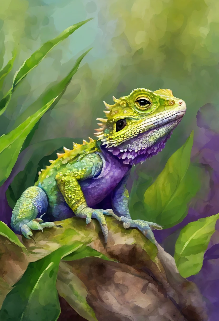 HighestQuali、purpleish color、adorable expression、lizard、Eyelash horned lizard、largeeyes、Leaf background