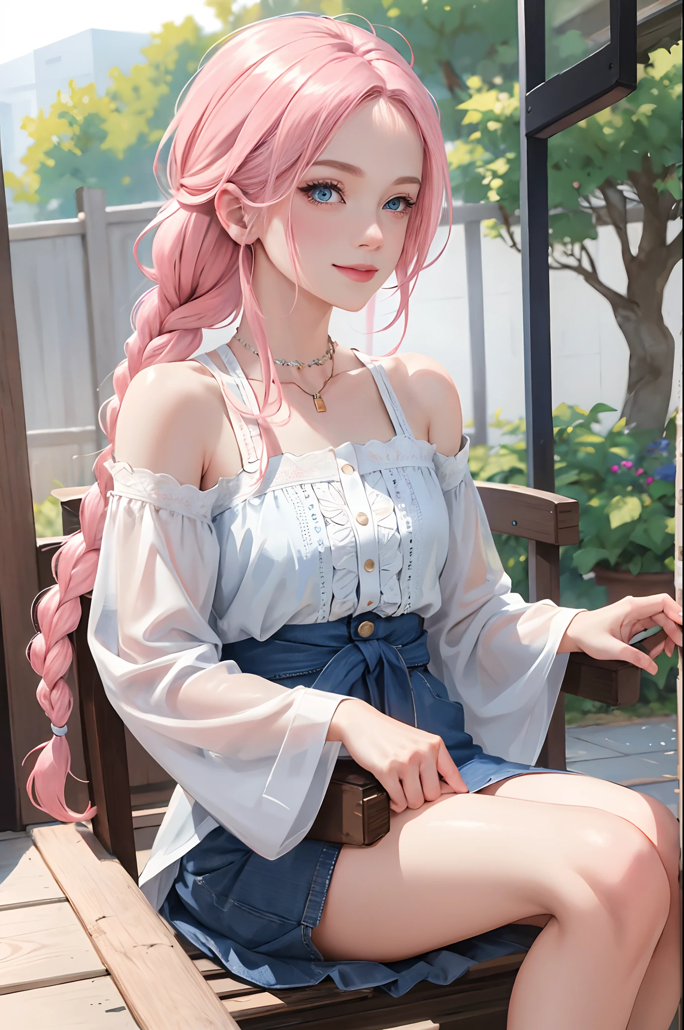 (masterpiece:1.2, best quality), (real picture, intricate details), 1lady, solo, upper body, casual, single braid pink hair, blue eyes, minimal makeup, natural fabrics, close-up face, smile, home